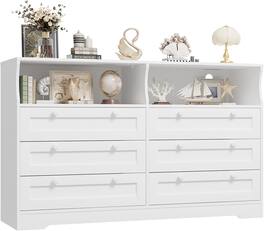 GARVEE - 55" 6-Drawer Wood Dresser, Modern Storage Organizer for Bedroom, Living Room, Closet & Entryway - White
