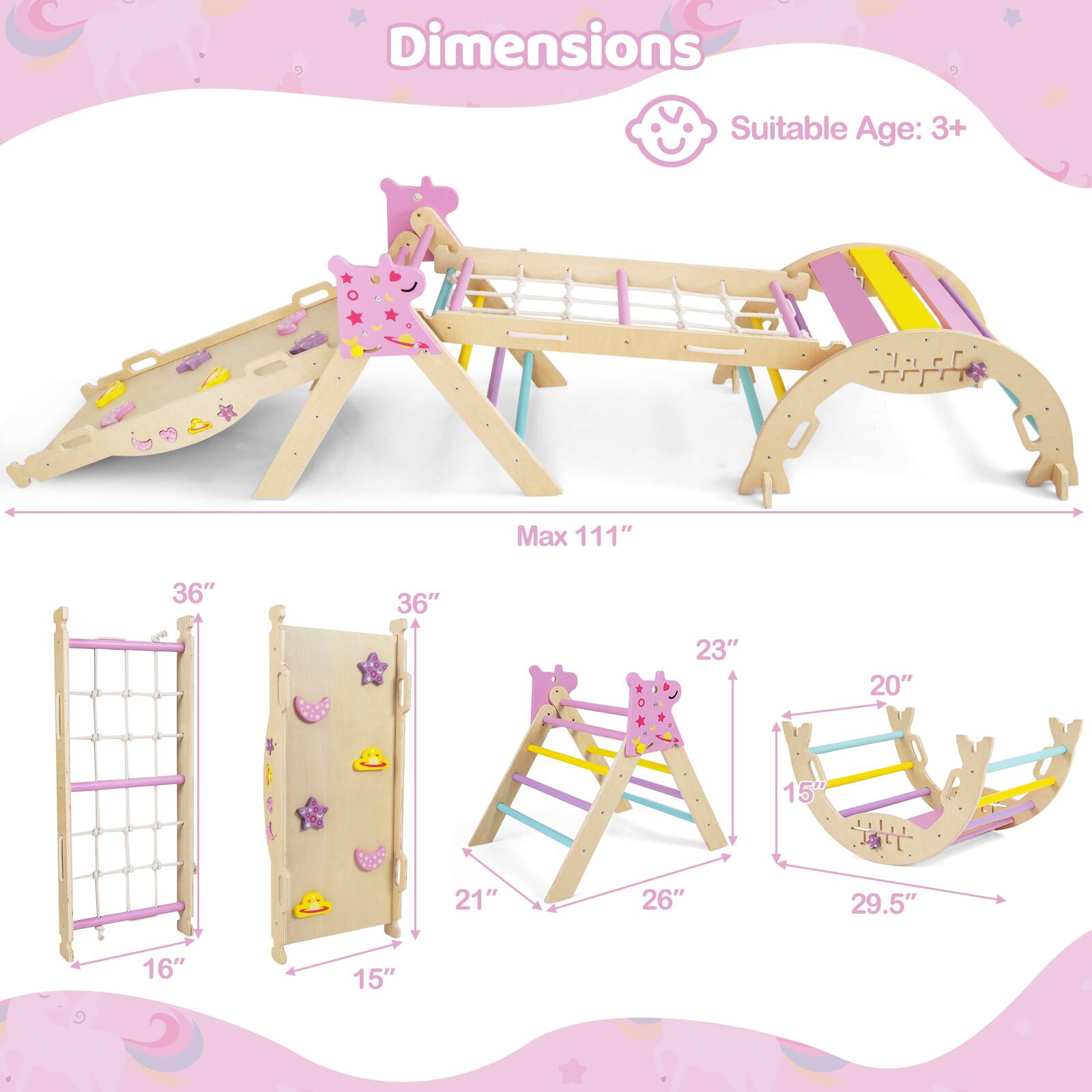 Dimensions  
Suitable Age: 3+  
Max 111"  
36"  
36"  
23"  
20"  
16"  
21"  
26"  
29.5"  
15"