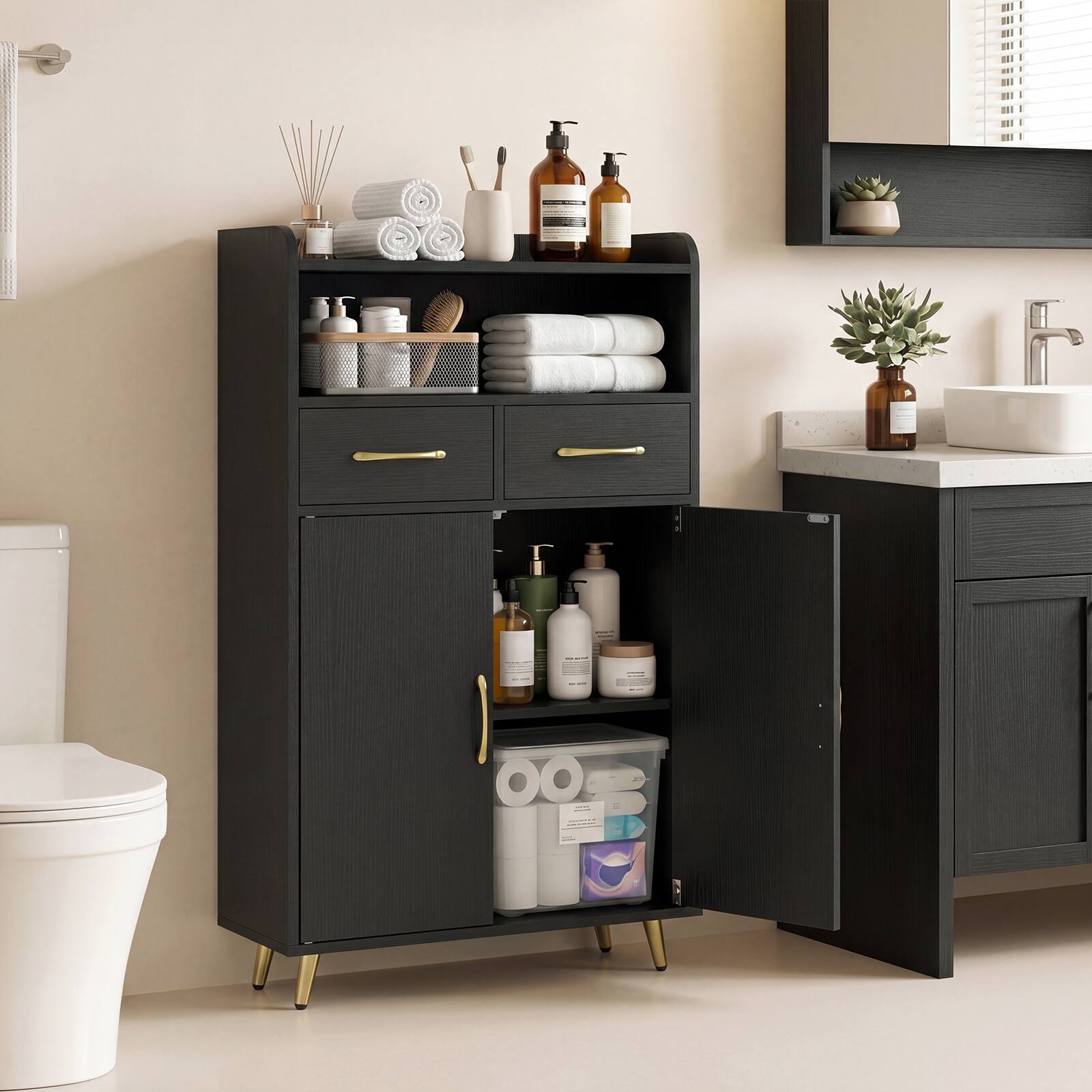 Alt View 1. Costway - Costway Bathroom Storage Cabinet with 2 Drawers and 2 Doors, Adjustable Shelf & Metal Legs - Black.