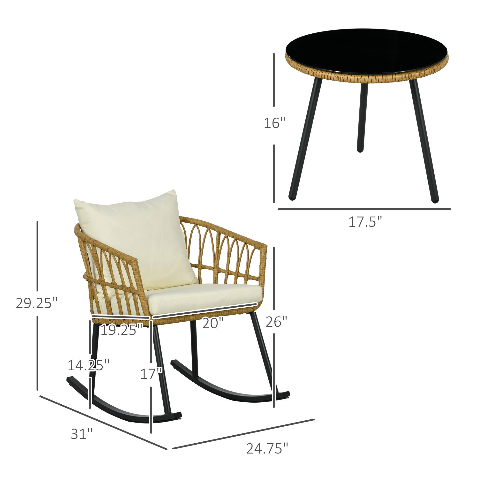 Chair: 29.25", 19.25", 20", 14.25", 17", 31"

Table: 16", 17.5", 26", 24.75"