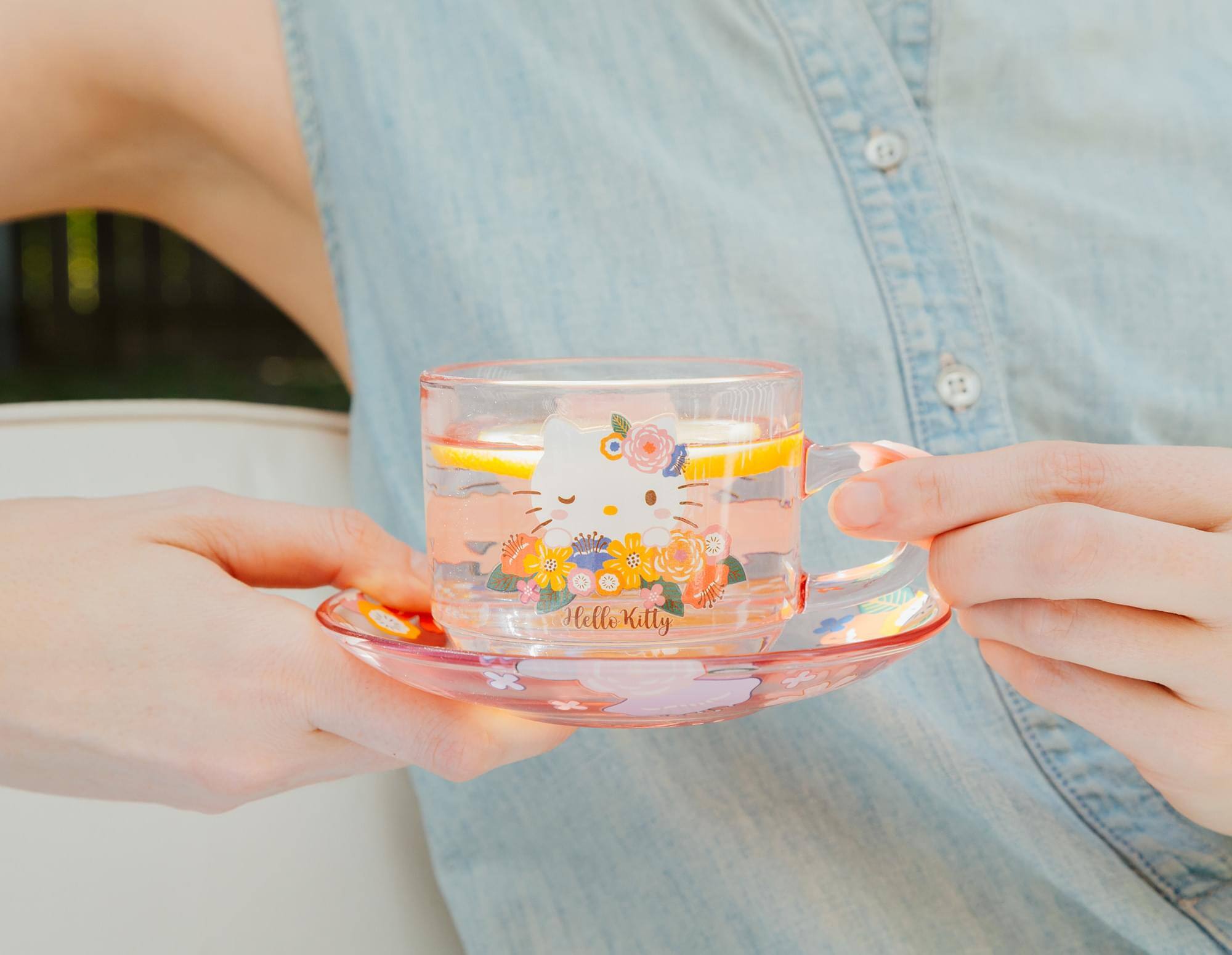 Silver Buffalo Sanrio Hello Kitty Flowers Glass Teacup and Saucer