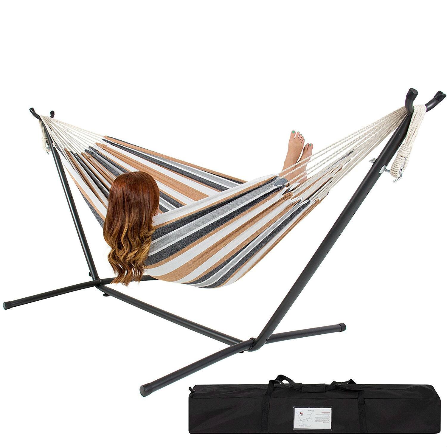 Front. Hivvago - Portable Cotton Hammock in Desert Stripe with Metal Stand and Carry Case - Multicolor.