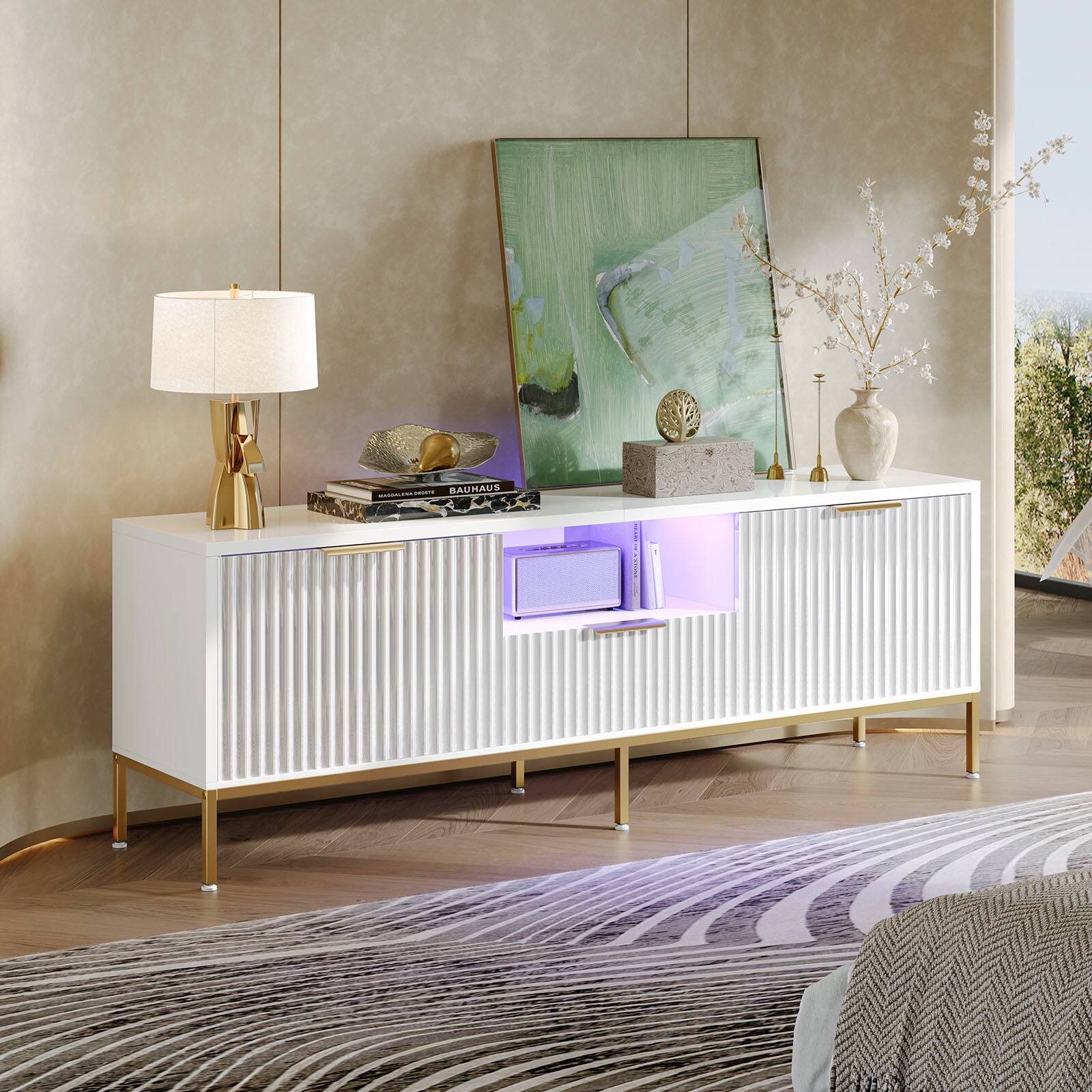 Back. Bestier - Bestier 55" Fluted Gaming TV Stand for 60" TV Sleek Media Console with Wave-Patterned Buffet Cabinet - Bright White.