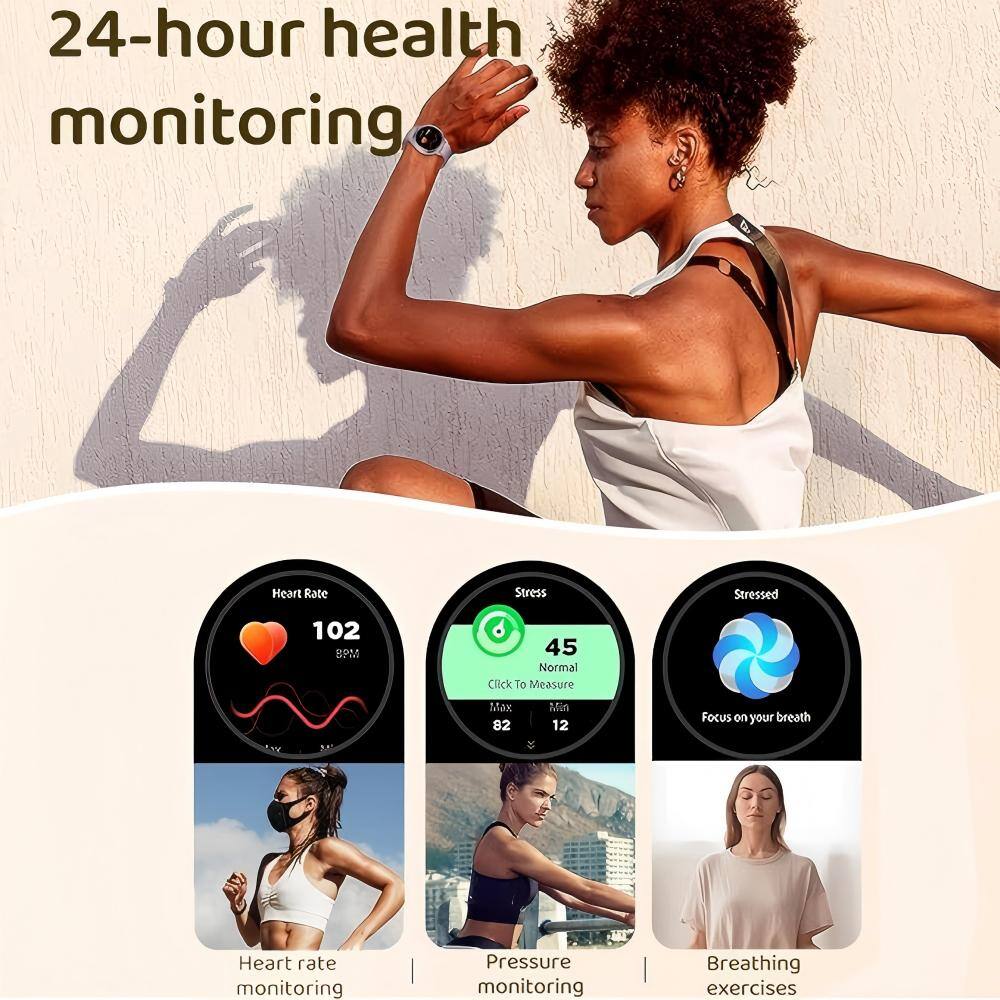 24-hour health monitoring

Heart Rate: 102 BPM  
Stress: 45 (Normal)  
Stressed: 12

Click to Measure  
Max: 82  
Min: 12

Focus on your breath

Heart rate monitoring  
Pressure monitoring  
Breathing exercises