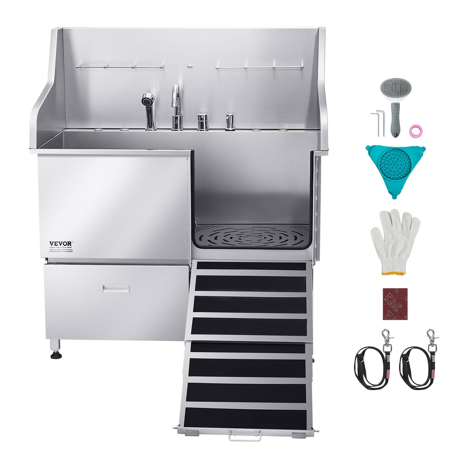 Alt View 5. VEVOR - Stainless Steel Dog Washing Station, 50 inch Pet Grooming Tub w/ Ramp, Faucet & Showerhead.