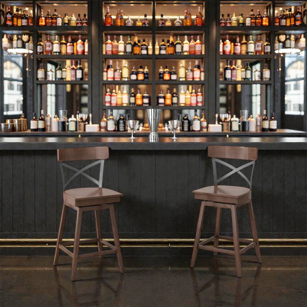 Front. Hivvago - Set of 2 Swivel Wood Bar Chairs with X-Back Design and Built-In Footrests - Brown.