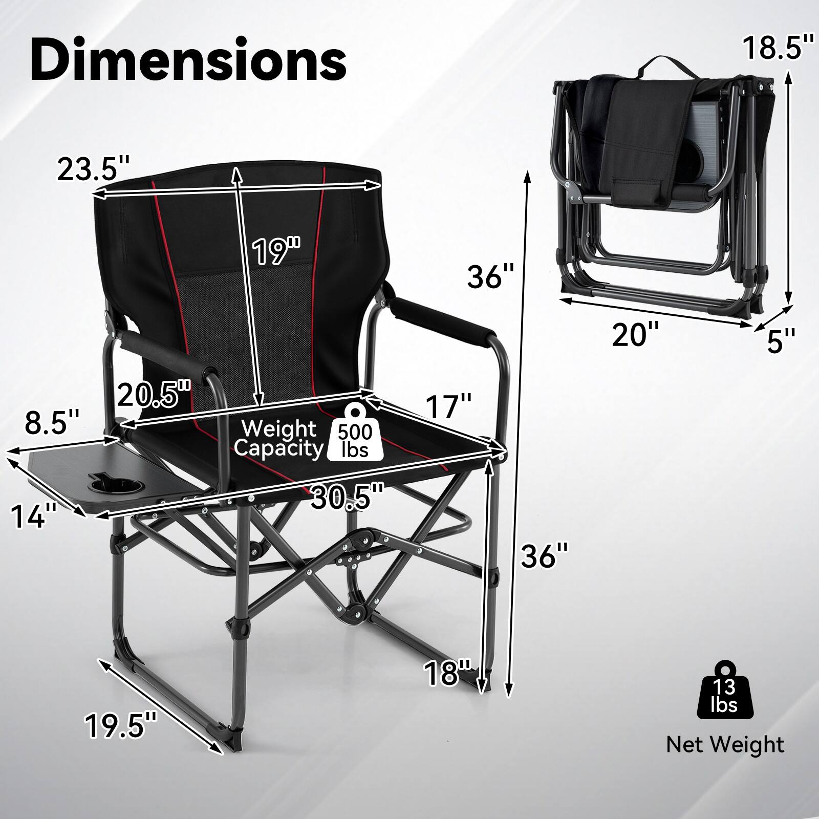 Dimensions
- 18.5"
- 23.5"
- 19"
- 36"
- 20.5"
- 8.5"
- 17"
- 36"
- 20"
- 5"
- 19.5"
- 18"
- 13 lbs Net Weight

Weight Capacity: 500 lbs