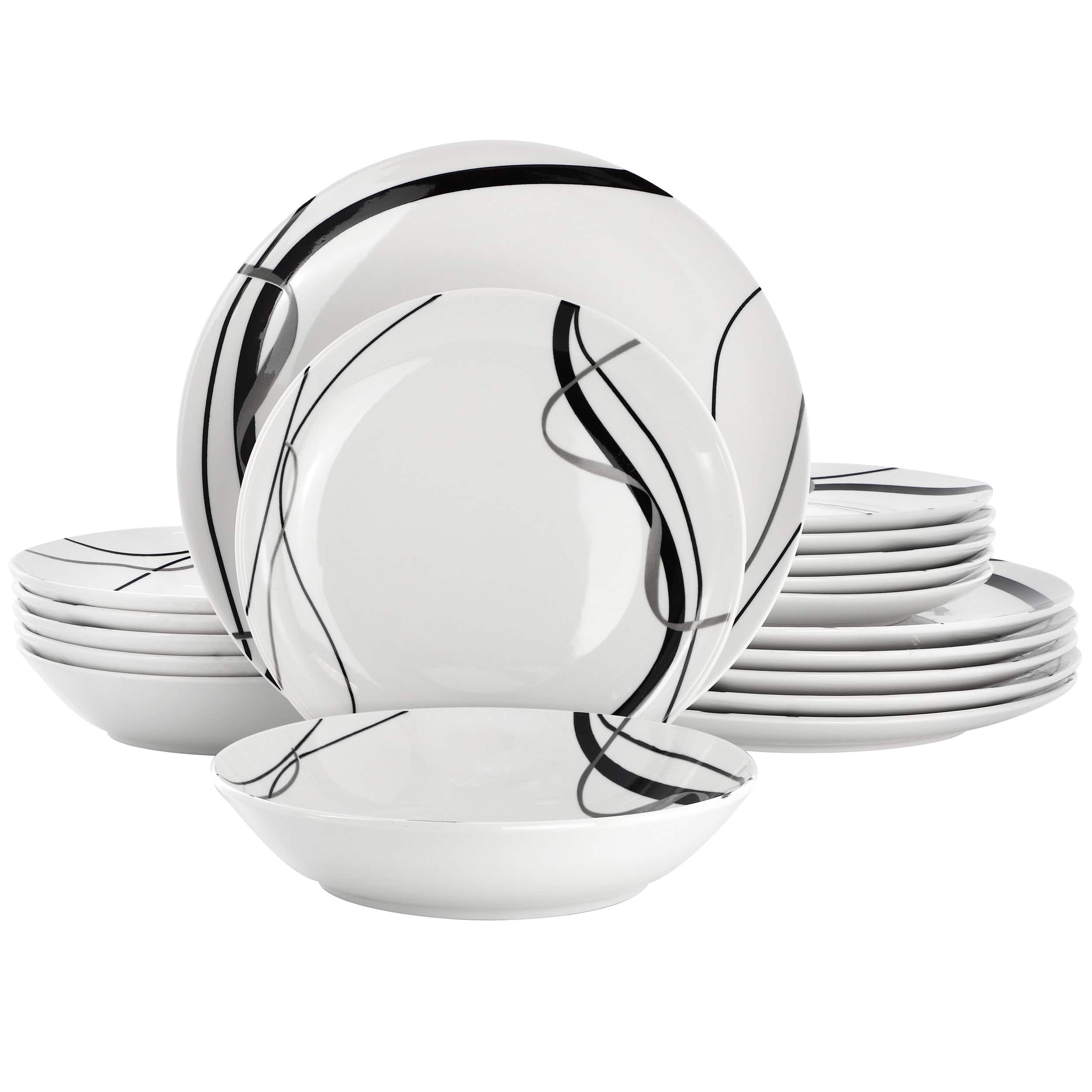 Elama - Sarah 18 Piece Porcelain Ribbon Lined Dinnerware Set, Service for 6 and Black - White