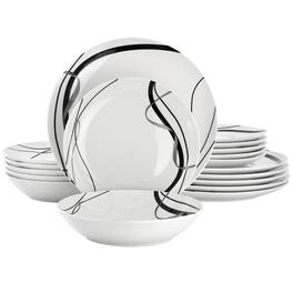 Elama - Sarah 18 Piece Porcelain Ribbon Lined Dinnerware Set, Service for 6 and Black - White