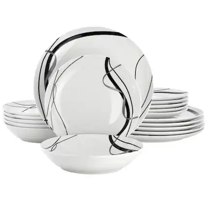 Front. Elama - Elama Sarah 18 Piece Porcelain Ribbon Lined Dinnerware Set, Service for 6 in White and Black - White.