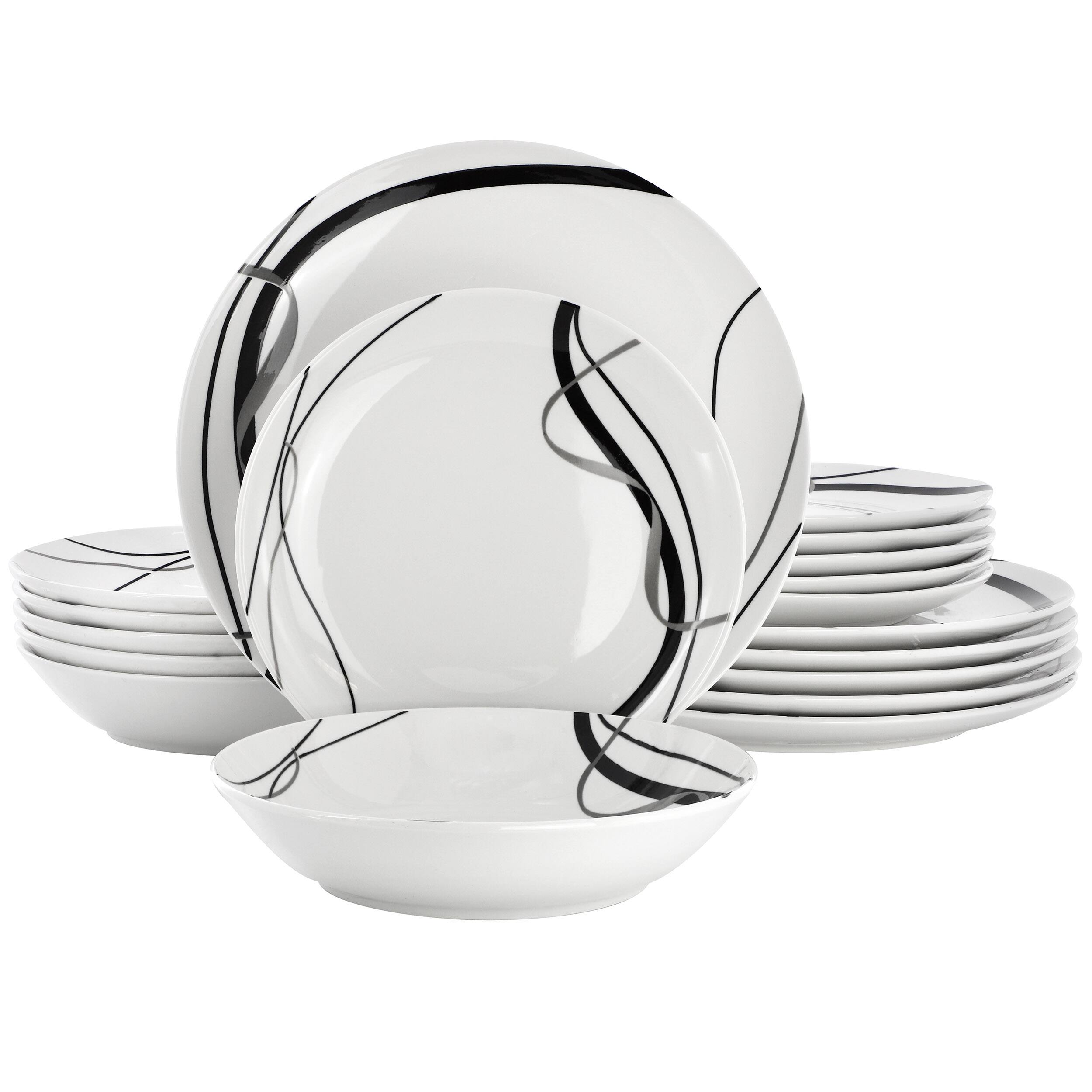 Front. Elama - Elama Sarah 18 Piece Porcelain Ribbon Lined Dinnerware Set, Service for 6 in White and Black - White.