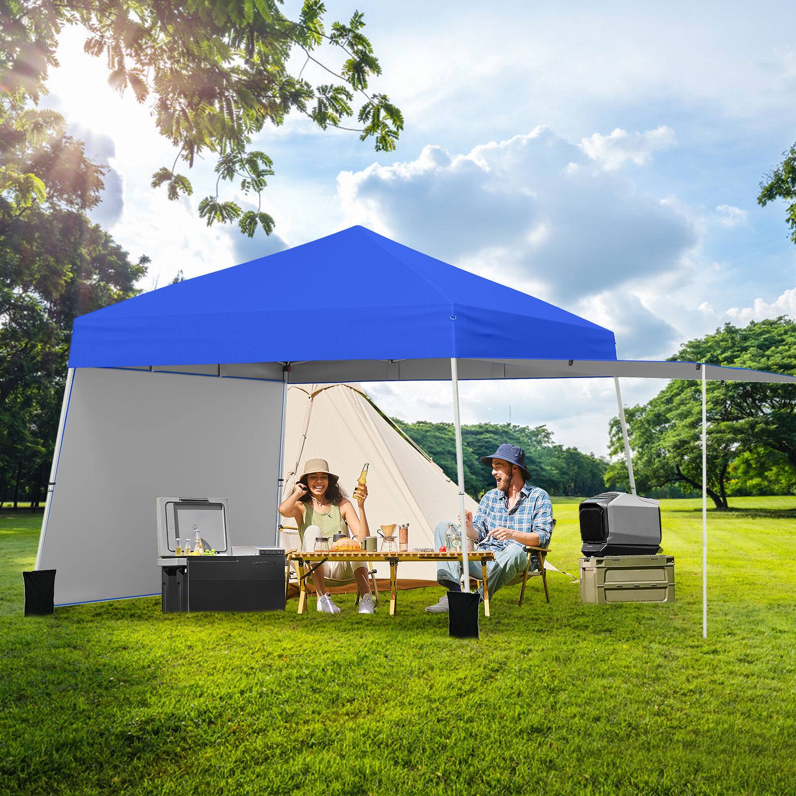 Alt View 3. Gymax - Gymax 14 X 9.2 FT Pop up Canopy Tent w/ 2 Convertible Sidewalls to Awning & Stakes Blue - Natural.