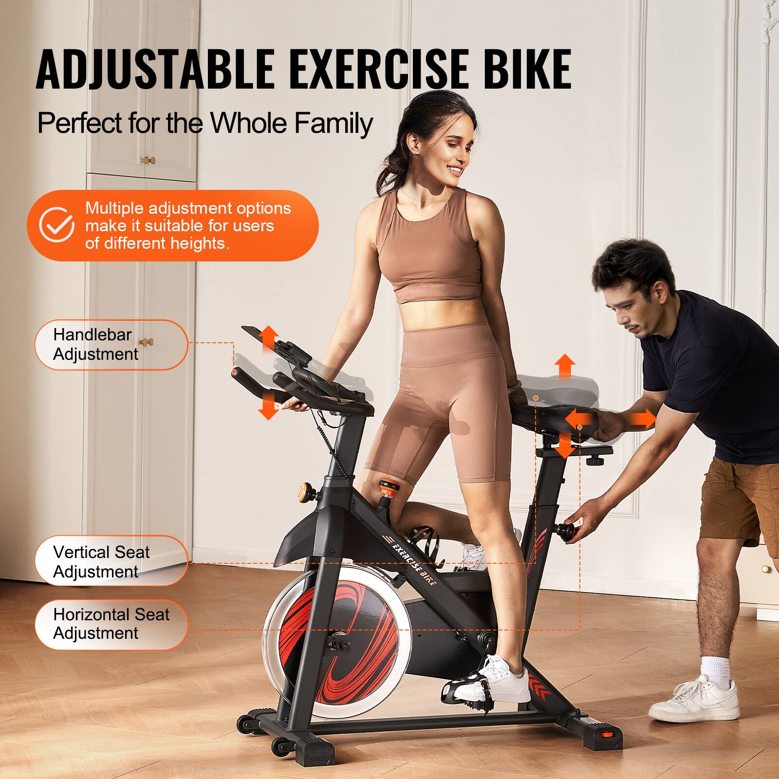 ADJUSTABLE EXERCISE BIKE  
Perfect for the Whole Family  

Multiple adjustment options make it suitable for users of different heights.  

- Handlebar Adjustment  
- Vertical Seat Adjustment  
- Horizontal Seat Adjustment