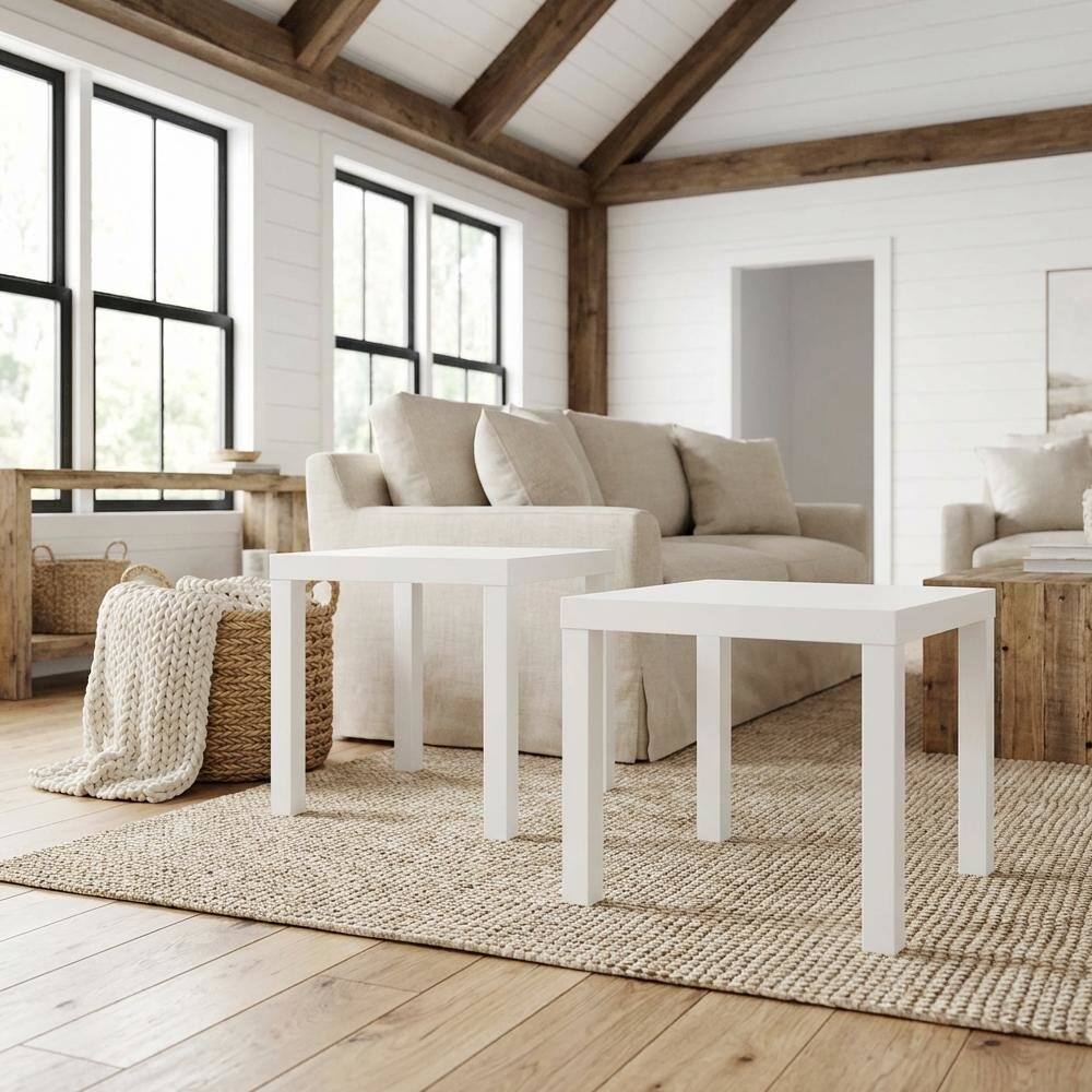 Angle. FurniFact - White 2-Piece Square Coffee and Side Table Set with Minimalist Design - White.