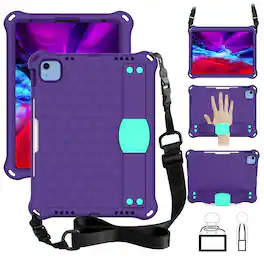 Dteck - For Apple iPad (A16) 11" 2025 2025 / 10th 2022 Rugged Kid Case Shockproof Safe EVA Hand Grip Cover With Crossbody Strap - Purple Mint