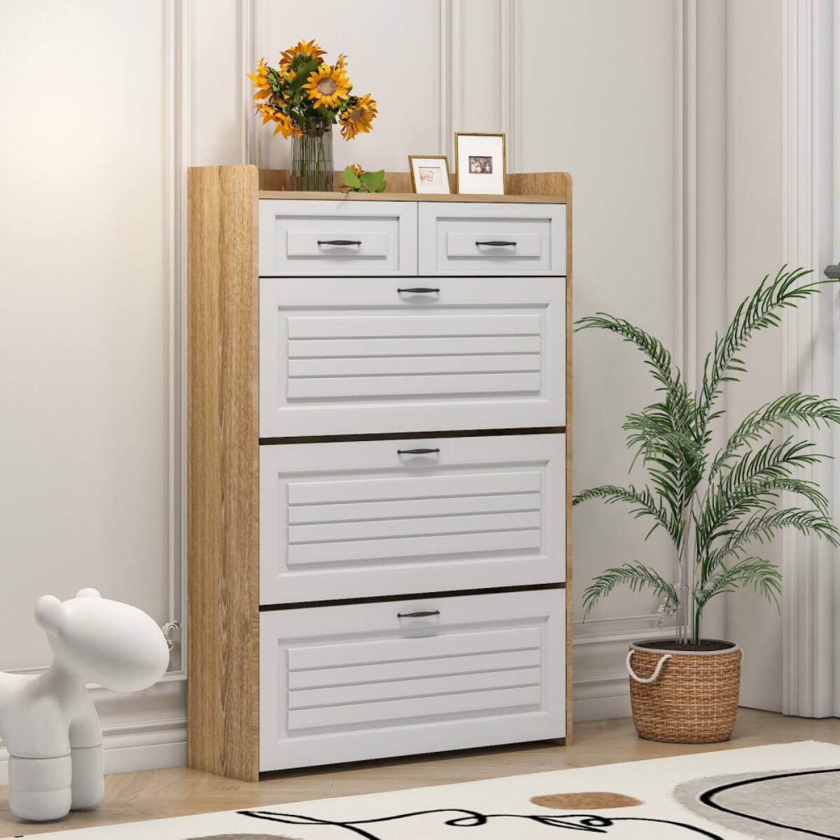 Angle. HTUTWOO - Freestanding  Shoe Storage Cabinet with 3 Flip Drawers & 2 Drawers,Shoe Cabinet with Adjustable Shelf,for Entryway - Beige.