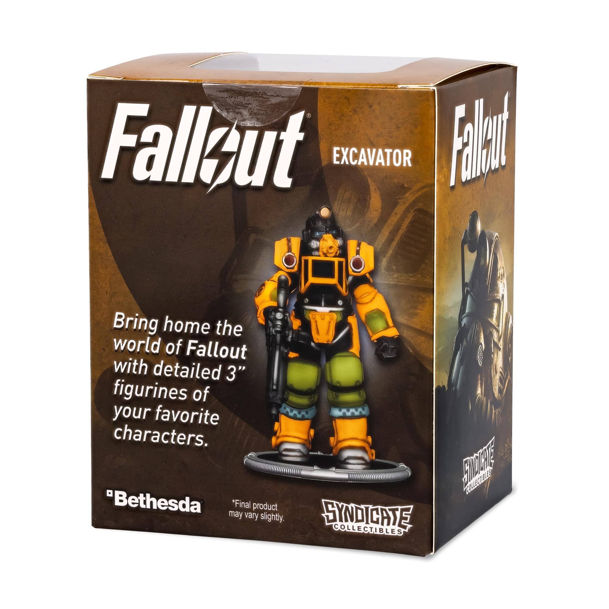 Fallout EXCAVATOR  
Bring home the world of Fallout with detailed 3" figurines of your favorite characters.  
"Bethesda"  
*Final product may vary slightly.  
SYNDICATE COLLECTIBLES