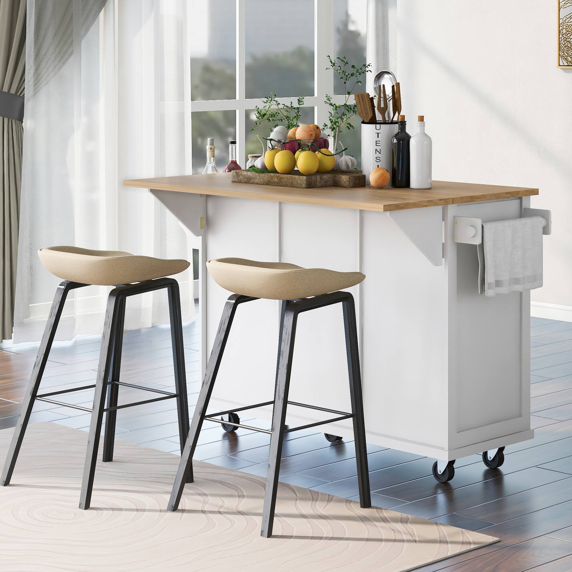 Alt View 1. Spaco - Spaco Kitchen Island Cart with 3 Drawer, Rubber Wood Drop Leaf, Cabinet Storage,5 Wheel Rolling Cart for Dining Room - White.