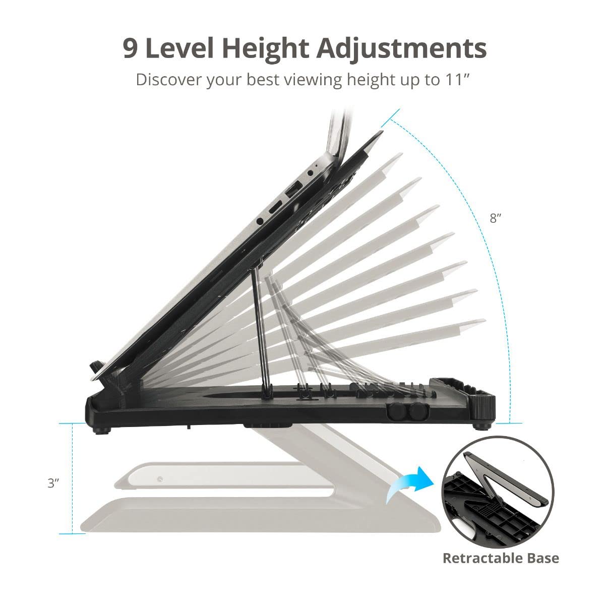 9 Level Height Adjustments  
Discover your best viewing height up to 11"  
8"  
3"  
Retractable Base
