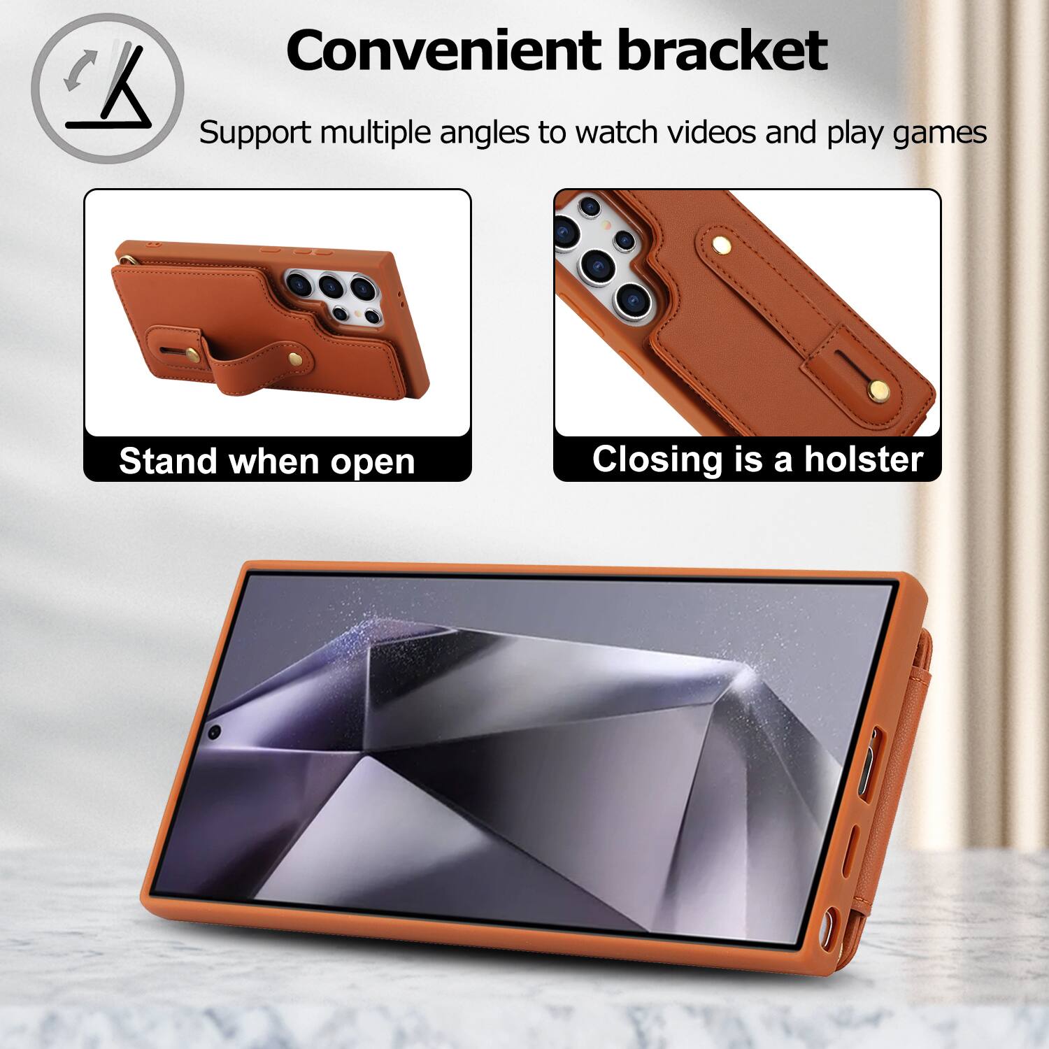Convenient bracket  
Support multiple angles to watch videos and play games  
Stand when open  
Closing is a holster
