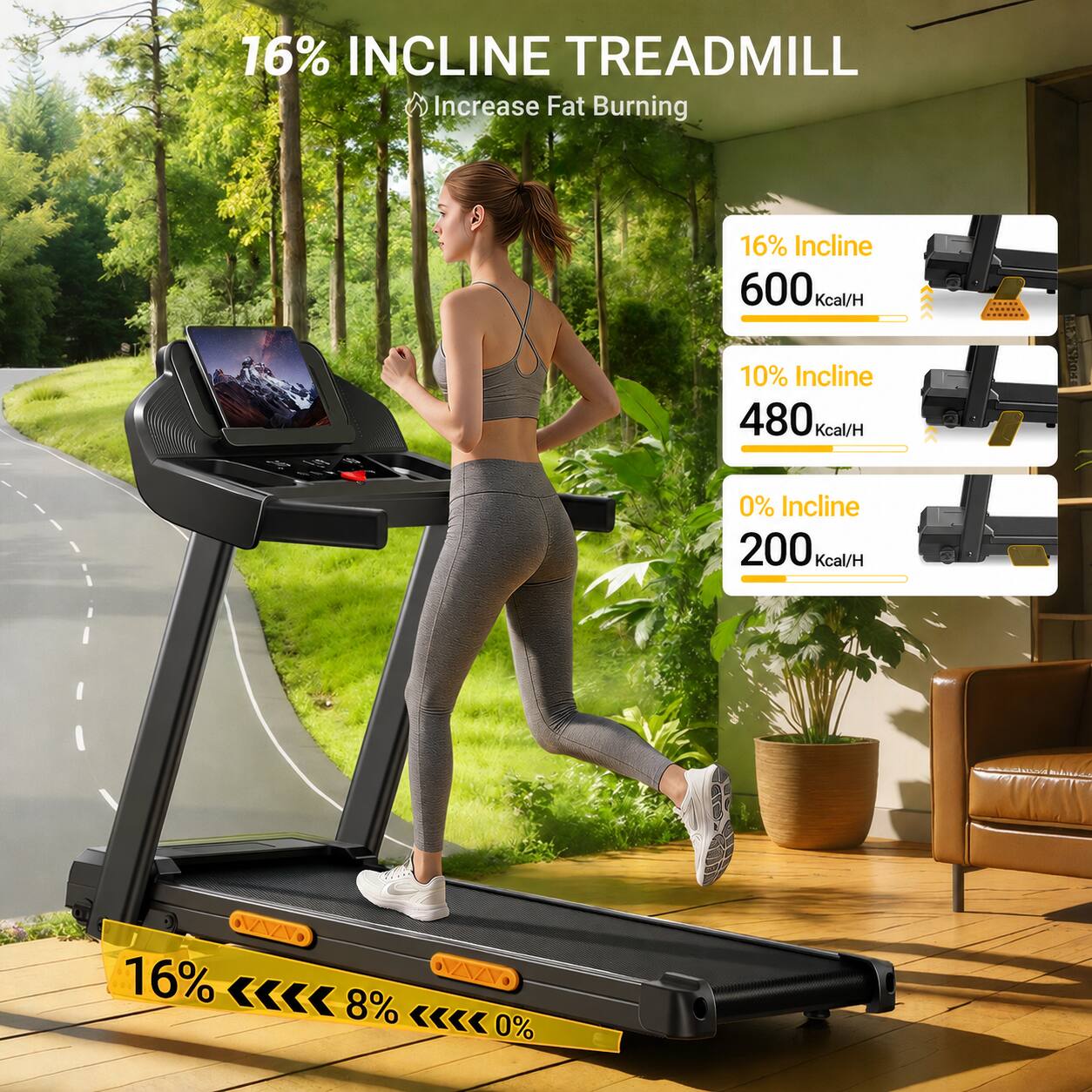16% INCLINE TREADMILL  
Increase Fat Burning  

16% Incline 600 Kcal/H  
10% Incline 480 Kcal/H  
0% Incline 200 Kcal/H  

16% 8% 0%