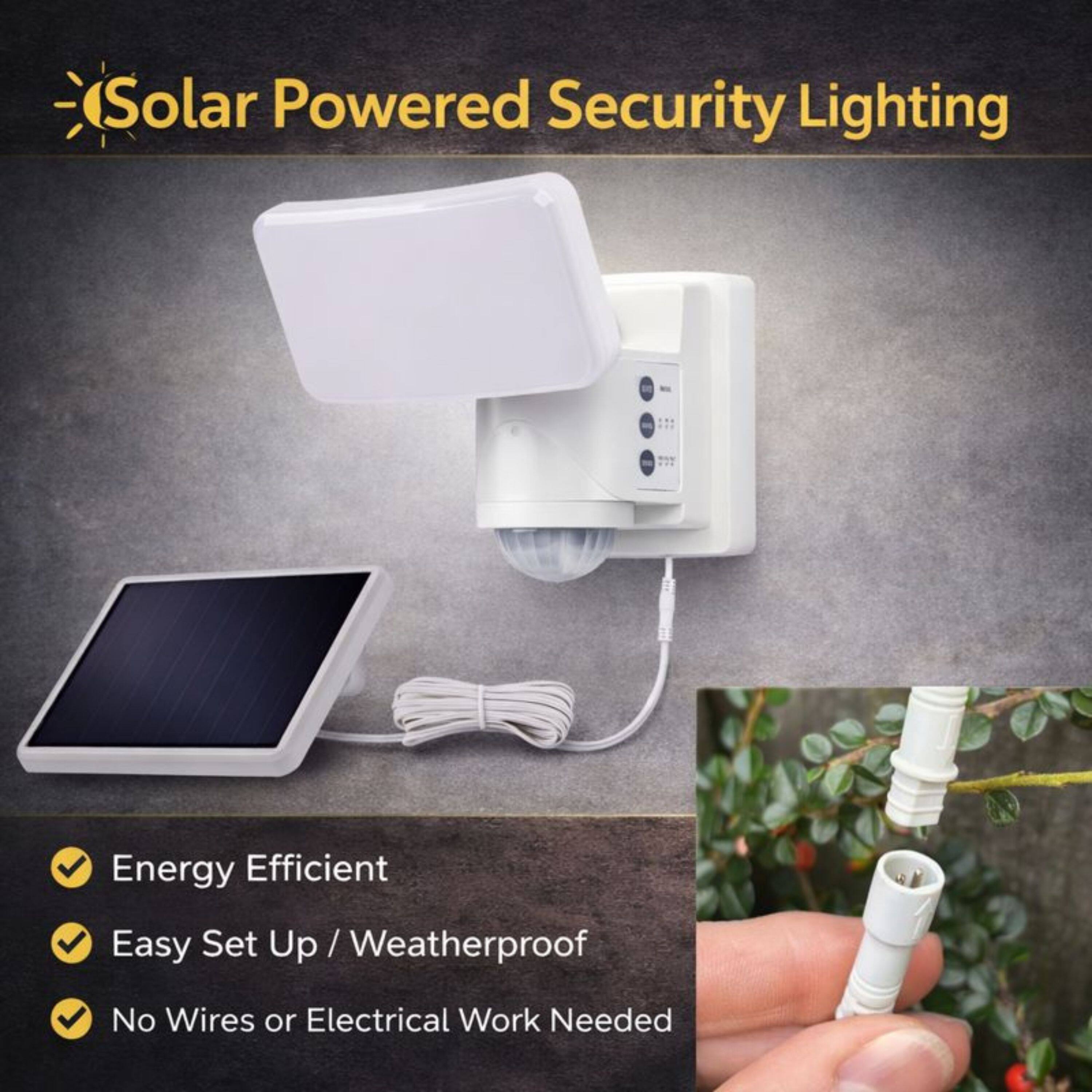 Solar Powered Security Lighting

- Energy Efficient
- Easy Set Up / Weatherproof
- No Wires or Electrical Work Needed