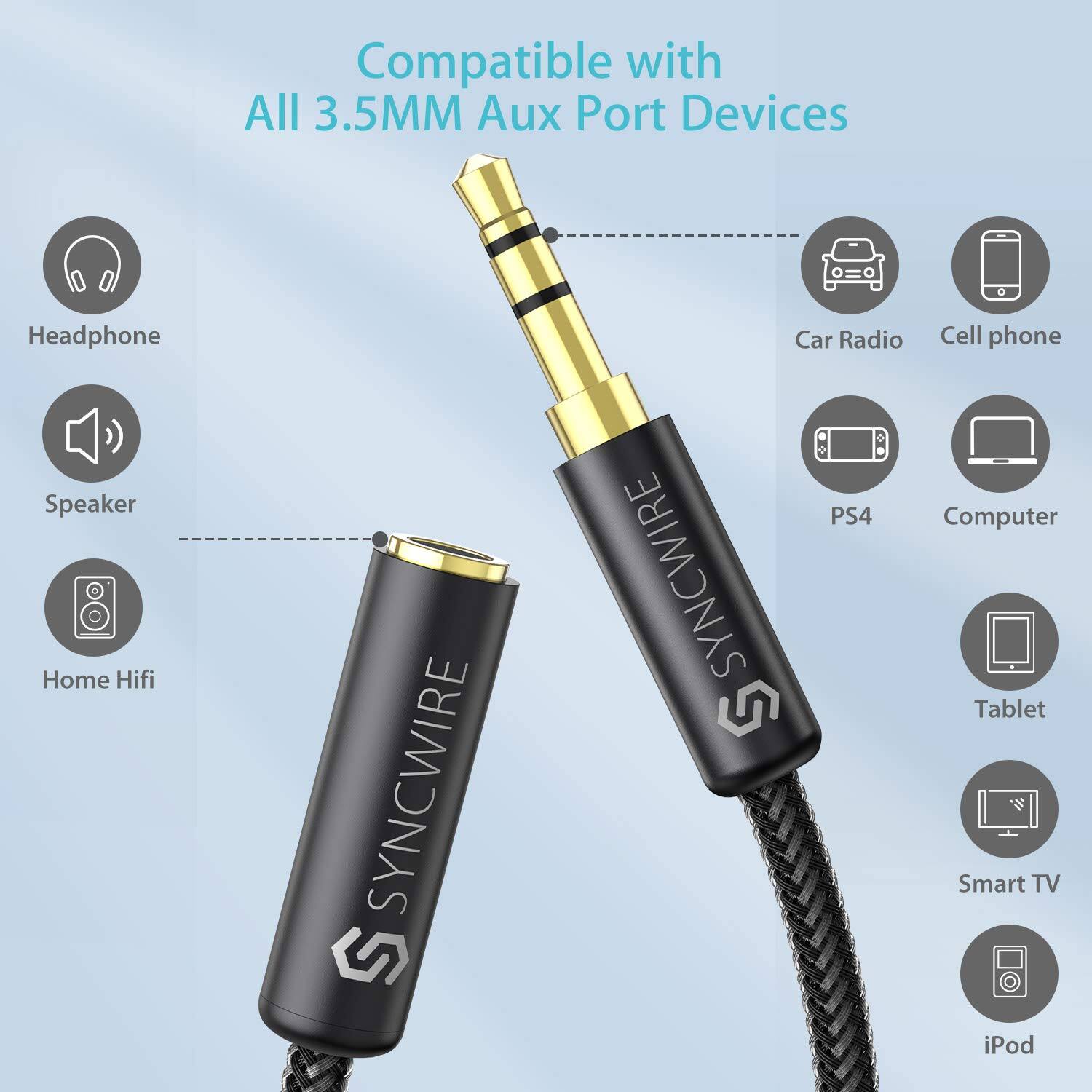 Compatible with All 3.5MM Aux Port Devices

Headphone Speaker Home Hifi

Car Radio Cell phone PS4 Computer Tablet Smart TV iPod