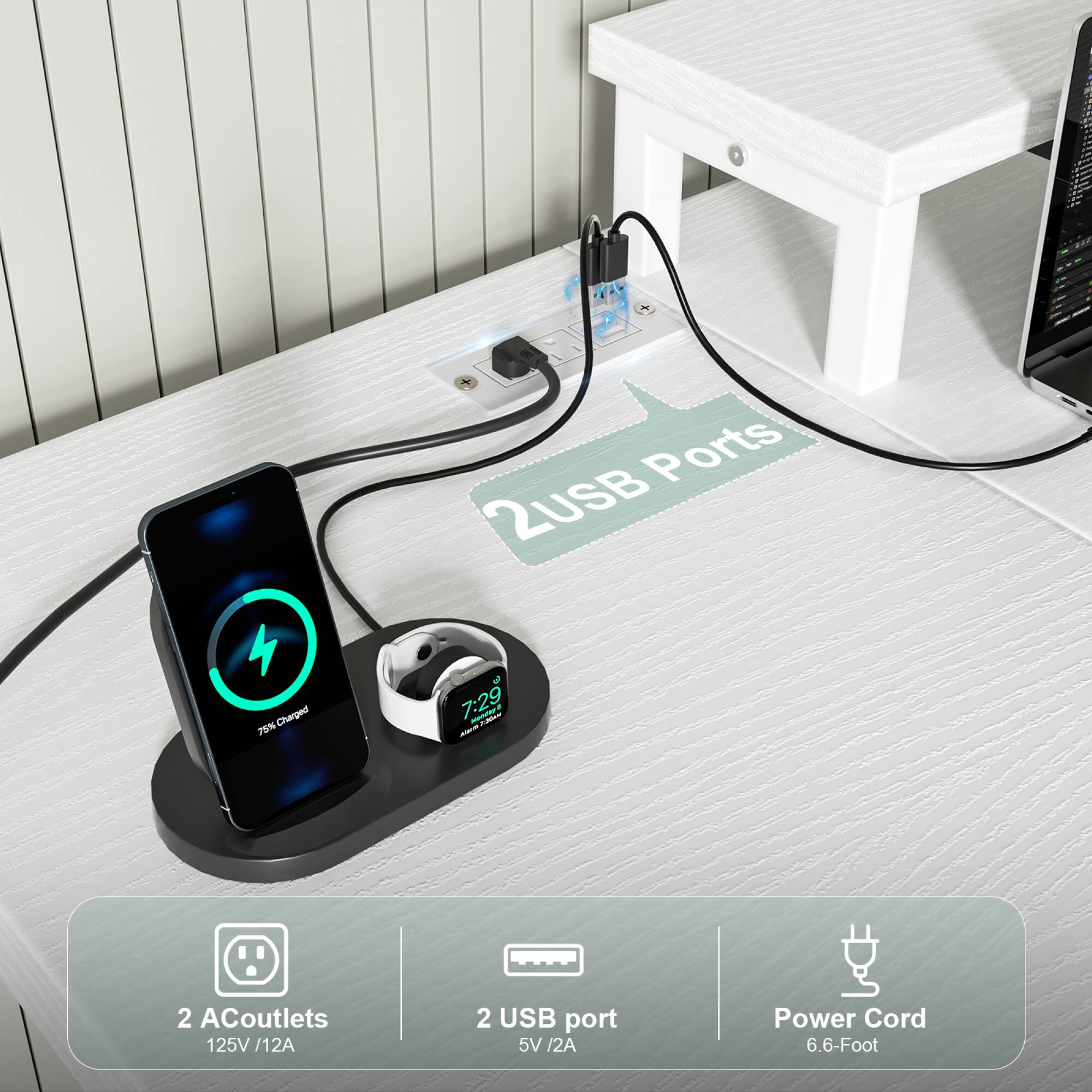 Ports:  
- 2 USB Ports  
- 2 AC Outlets (125V / 12A)  
- 2 USB Port (5V / 2A)  
- Power Cord (6.6-Foot)  

78% Charged  
7:29