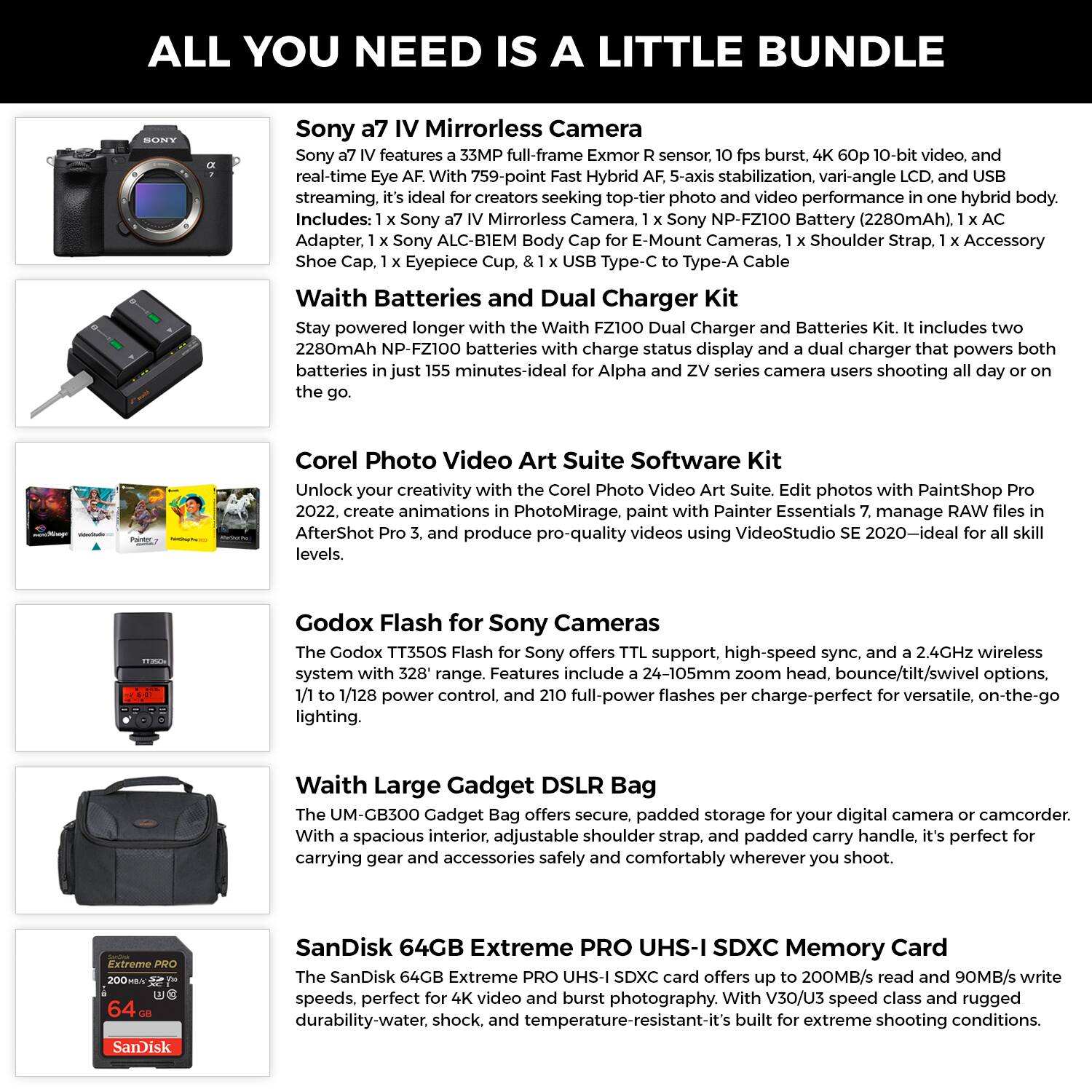 ALL YOU NEED IS A LITTLE BUNDLE

**Sony a7 IV Mirrorless Camera**
Sony a7 IV features a 33MP full-frame Exmor R sensor, 10 fps burst, 4K 60p 10-bit video, and real-time Eye AF with 759-point Fast Hybrid AF, 5-axis stabilization, vari-angle LCD, and USB streaming. It's ideal for creators seeking top-tier photo and video performance in one hybrid body. Includes: 1 x Sony a7 IV Mirrorless Camera, 1 x Sony NP-FZ100 Battery (2280mAh), 1 x AC Adapter, 1 x Sony ALC-BIEM Body Shoe Cap, 1 x Eyepiece Cup, 8 x USB Type-C to Type-A Cable

**Waith Batteries and Dual Charger Kit**
Stay powered longer with the Waith FZ100 Dual Charger and Batteries Kit. It includes two 2280mAh NP-FZ100 batteries with charge status display and a dual charger that powers both batteries in just 155 minutes-ideal for Alpha and ZV series camera users shooting all day or on the go.

**Corel Photo Video