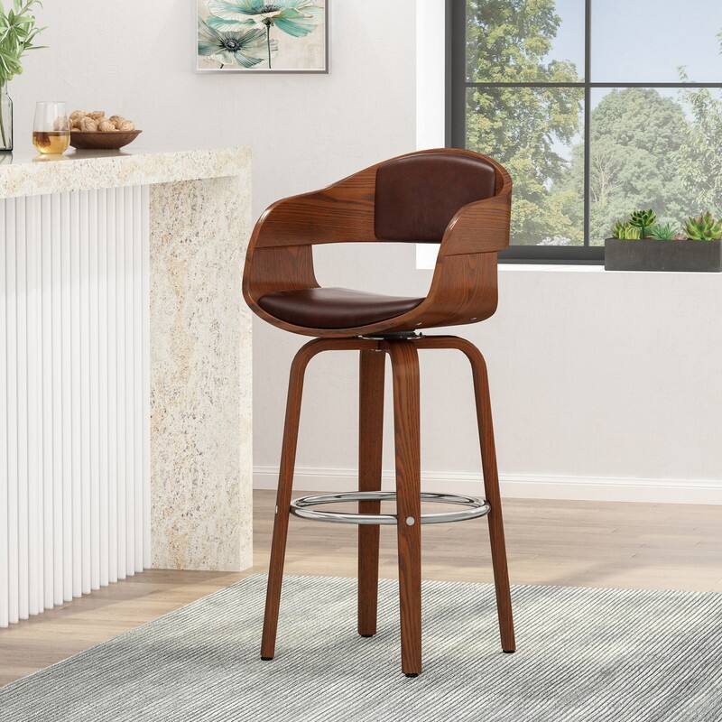 HTUTWOO - Mid-Century Modern Swivel Bar Stool, Walnut Wood Veneer Frame with Footrest, Leather Upholstery for Kitchen, Island, Bar - Dark Brown