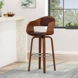 HTUTWOO - Mid-Century Modern Swivel Bar Stool, Walnut Wood Veneer Frame with Footrest, Leather Upholstery for Kitchen, Island, Bar - Dark Brown