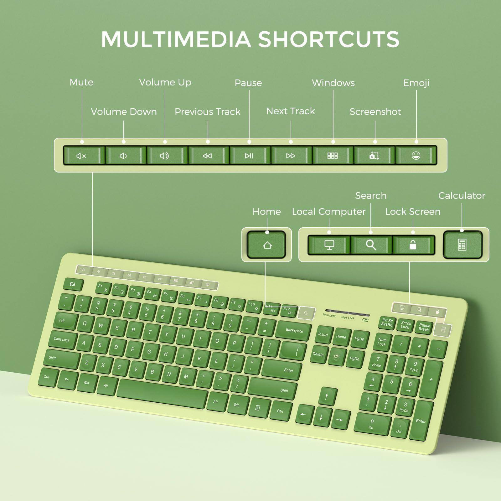 MULTIMEDIA SHORTCUTS

- Mute
- Volume Up
- Volume Down
- Previous Track
- Next Track
- Pause
- Windows
- Emoji
- Screenshot

- Search
- Calculator
- Home
- Local Computer
- Lock Screen

Key Layout:
- F1 to F12
- 1 to 0
- Q to P
- A to L
- Z to M
- Shift, Ctrl, Alt, Win, Caps Lock, Enter, Delete, Backspace, Insert, Home, PgUp, PgDn, End, Num Lock, Num Pad (0-9, +, -, *, /, ., Enter)