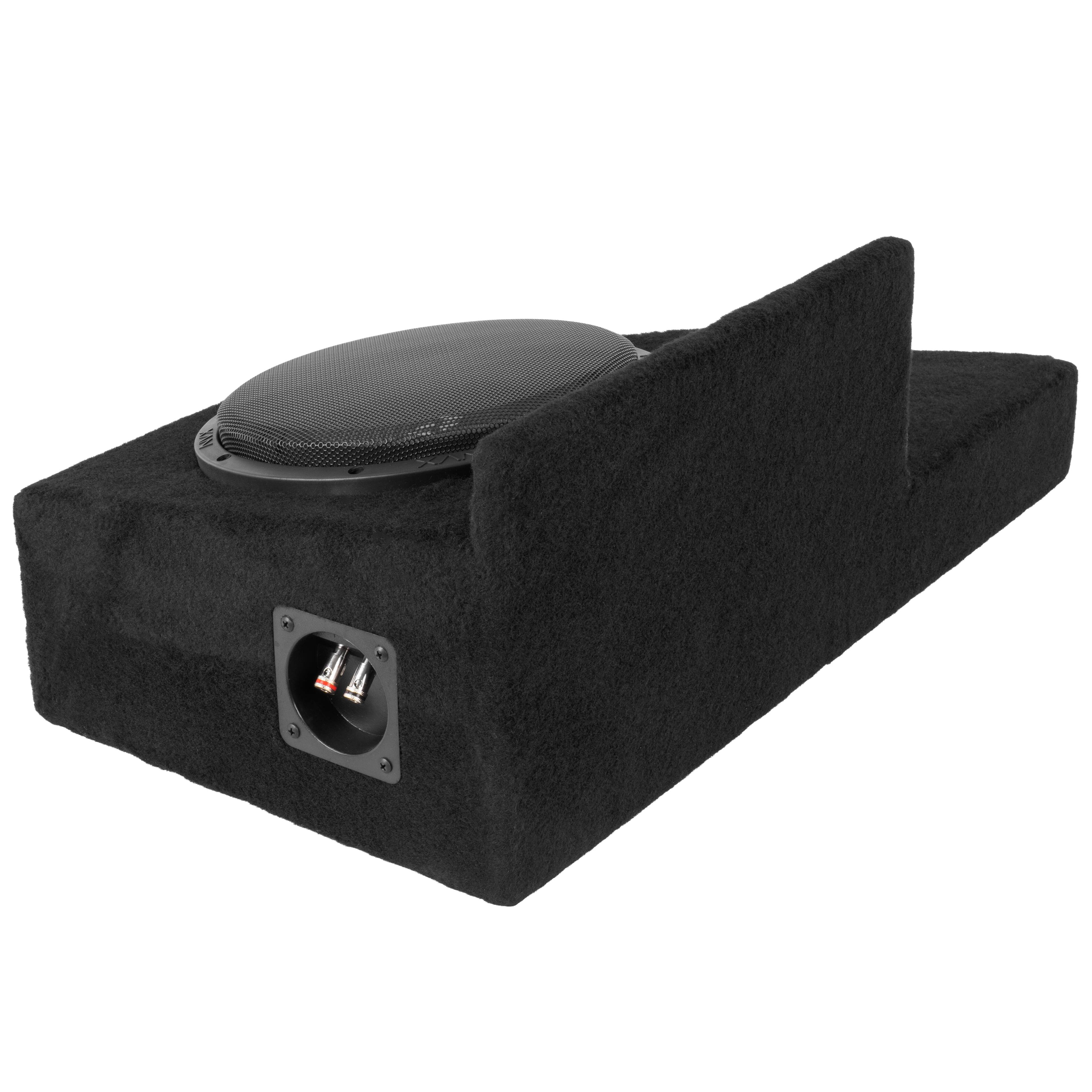 Left. NVX - 2008-2013 Silverado/Sierra Extended Cab Bass Package - Single 10" Sealed Subwoofer Enclosure & Amplifier Bundle - Black.