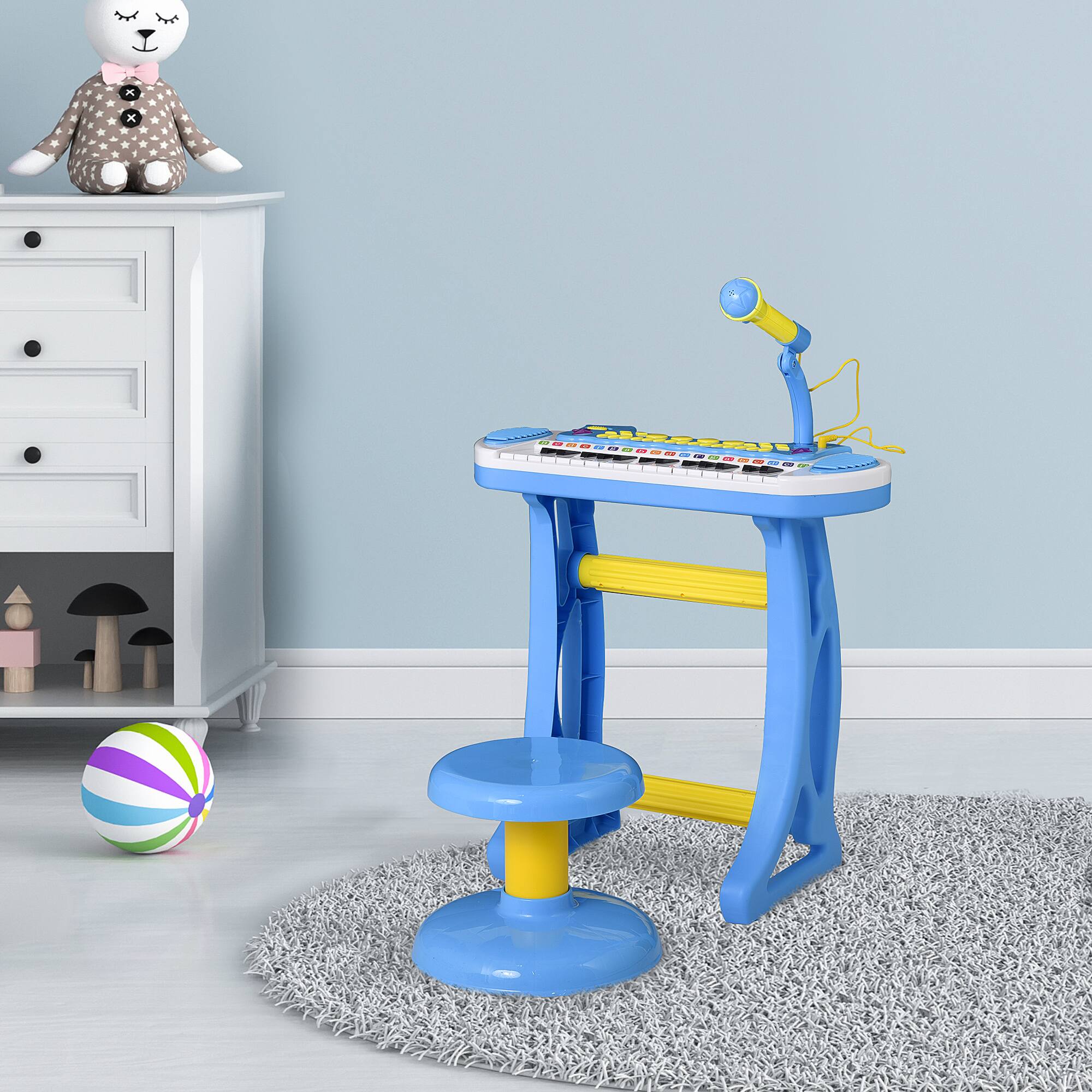 Alt View 5. Ecooso - 31-Key Kids Toy Keyboard Piano Electronic Musical Instrument w/ Sounds, Microphone, Stool, Flashing Lights for Kids 3-6 - Blue.