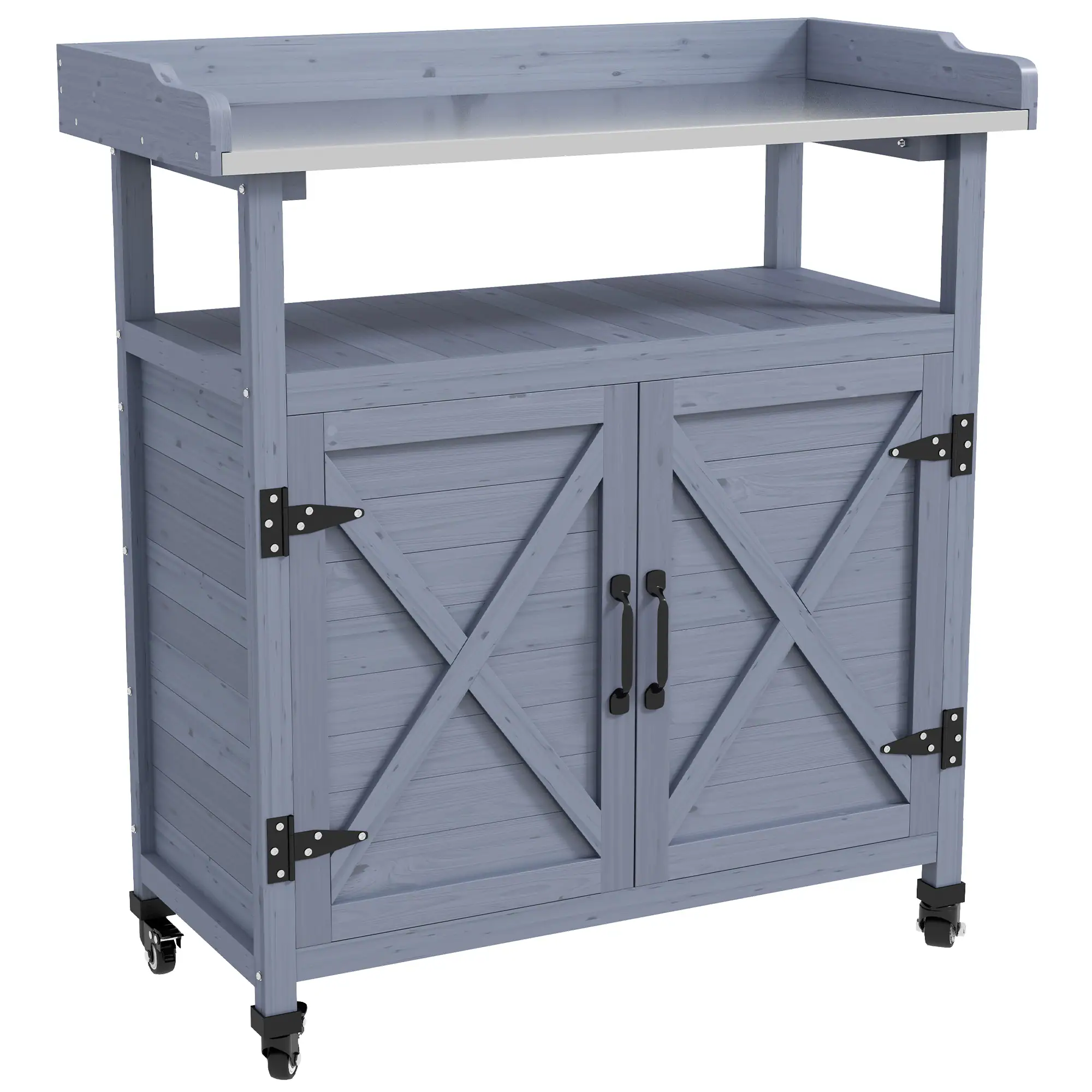Front. Outsunny - Outdoor Wooden Potting Bench Table, Garden Workstation with Storage Cabinet, Aluminum Table Top, Rubber Wheels - Gray.