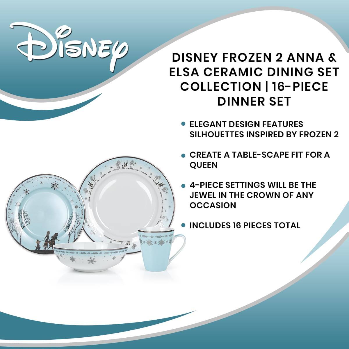 Disney Frozen 2 Anna & Elsa Ceramic Dining Set Collection | 16-Piece Dinner Set

- Elegant design features silhouettes inspired by Frozen 2
- Create a table-scape fit for a queen
- 4-piece settings will be the jewel in the crown of any occasion
- Includes 16 pieces total
