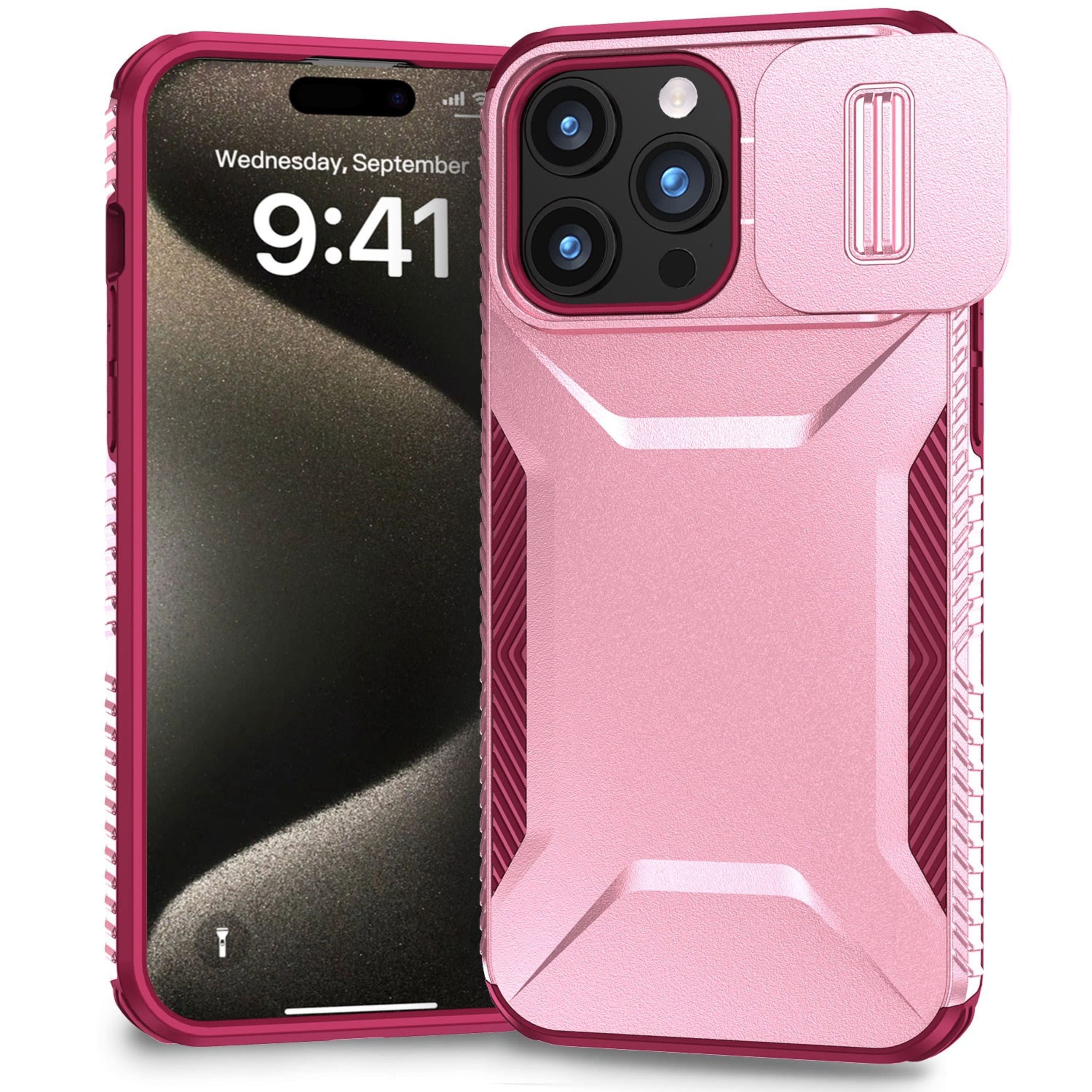 Kitcheniva - Rugged Sliding Lens Cover Case With Tempered Glass For iPhone 15 Pro Max Pink/Burgundy - Pink and Teal price history on PriceWatchPro