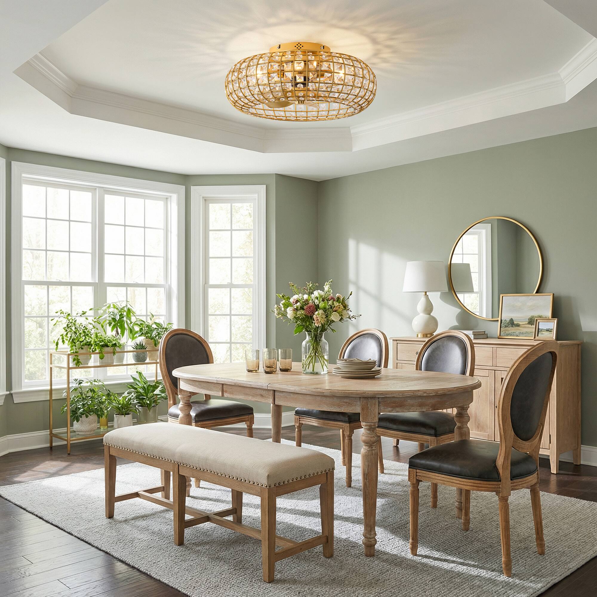 Left. Vaczon - 20" Modern Luxury Crystal Flush Mount Caged Ceiling Fan with Light and Remote, 6-Speed DC Motor - Gold.