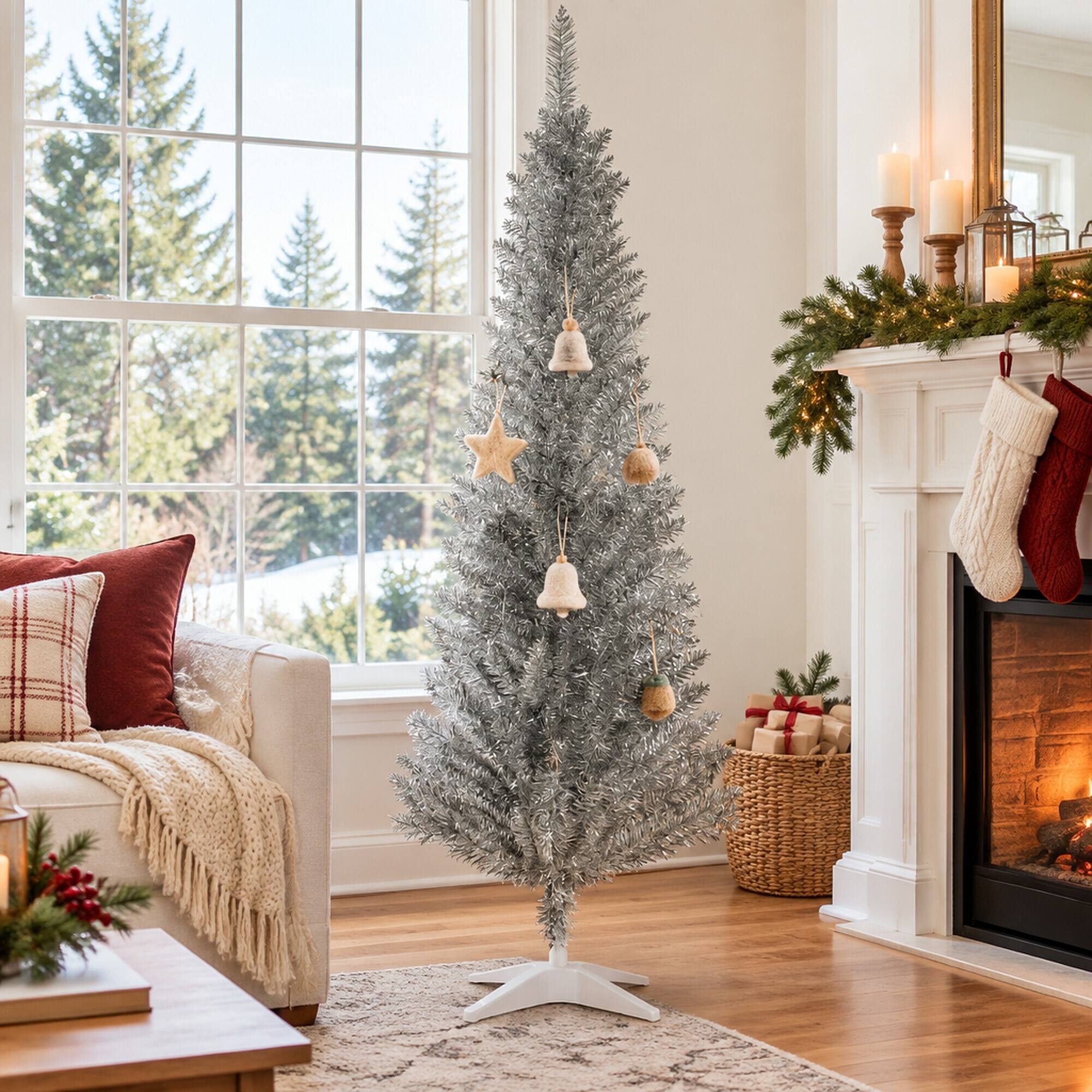 Back. RYHNUYNE - 5FT Pencil Artificial Christmas Tree With Realistic Tips and Sturdy Stand - Silver.