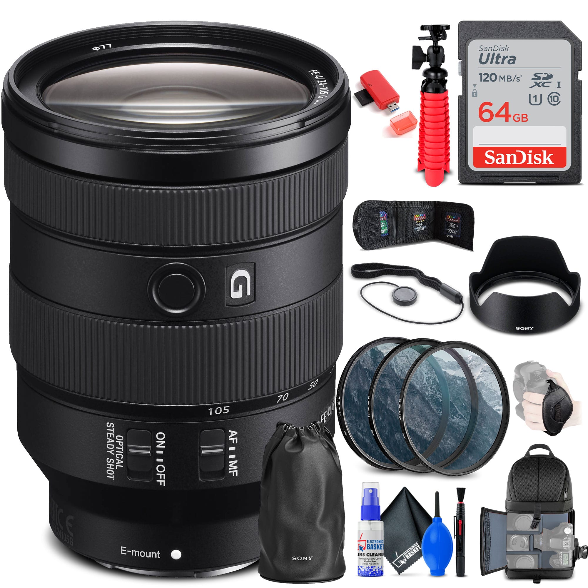 Sony - FE 24-105mm f/4 G OSS Lens + Filter Kit + BackPack + 64GB Card + More - Black
