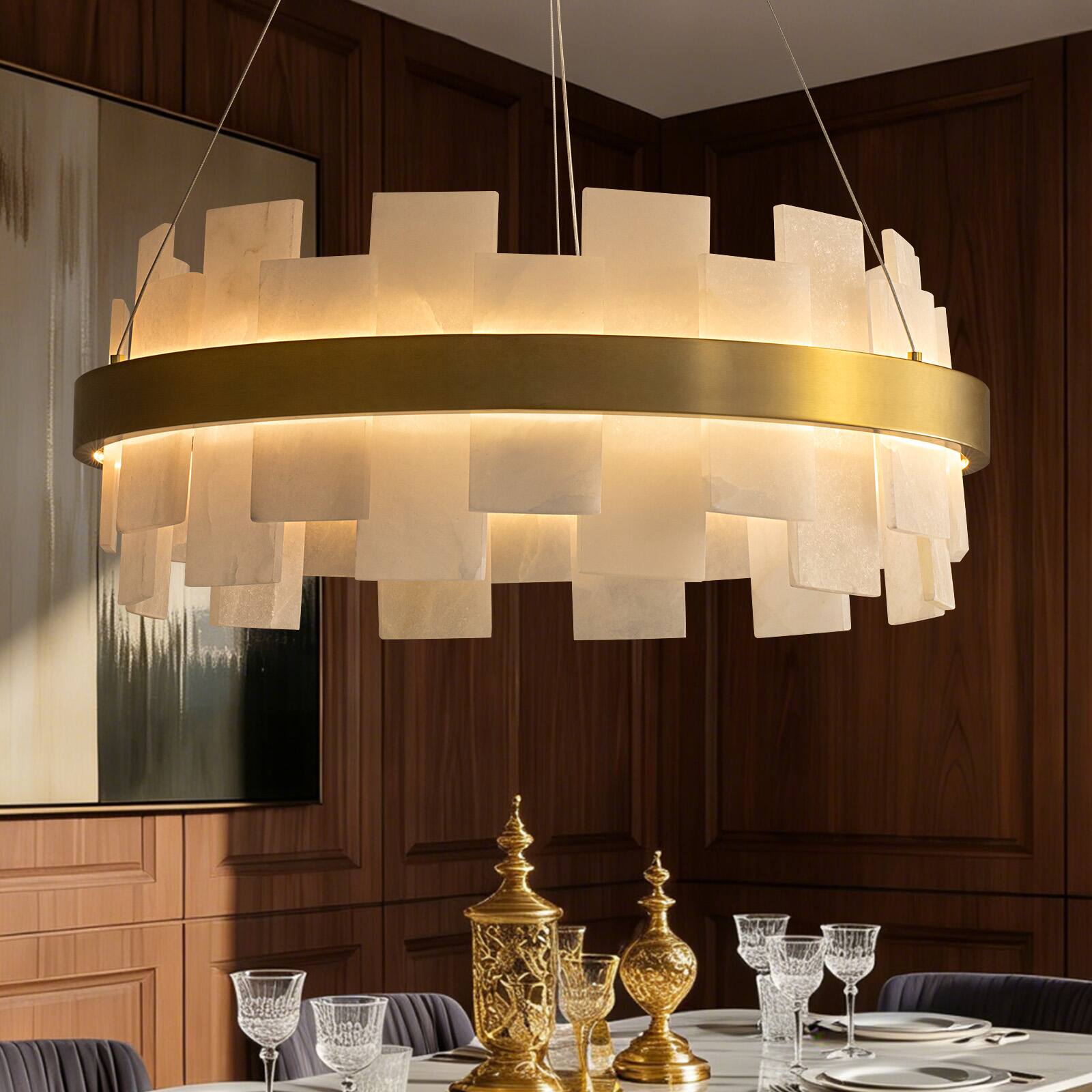 Angle. Siljoy - 23.6-In Modern Alabaster LED Chandelier, Brass Frame Dimmable Light for Dining Room Living Room Kitchen Island Foyer - Gold Brass.