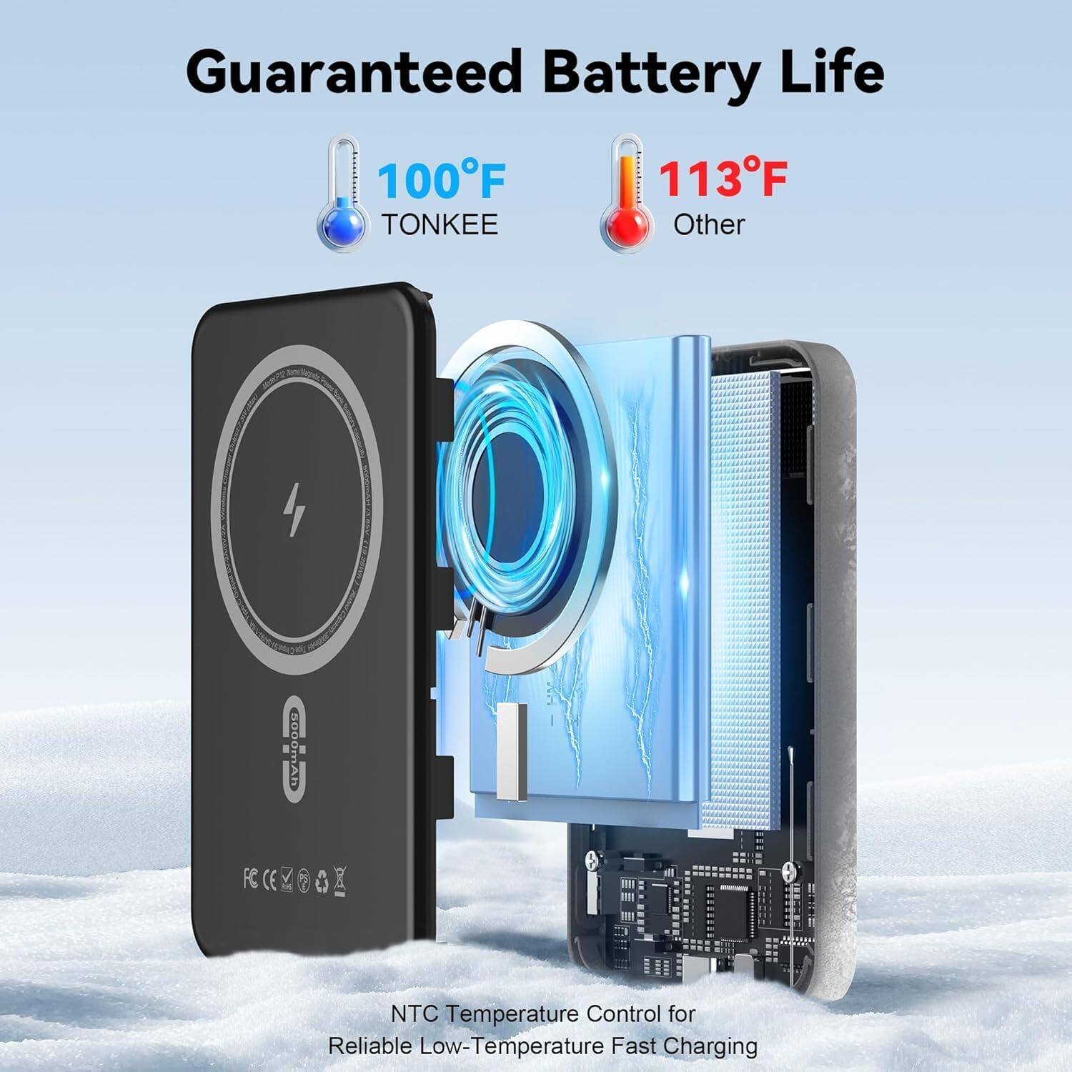 Guaranteed Battery Life

100°F TONKEE

113°F Other

NTC Temperature Control for Reliable Low-Temperature Fast Charging