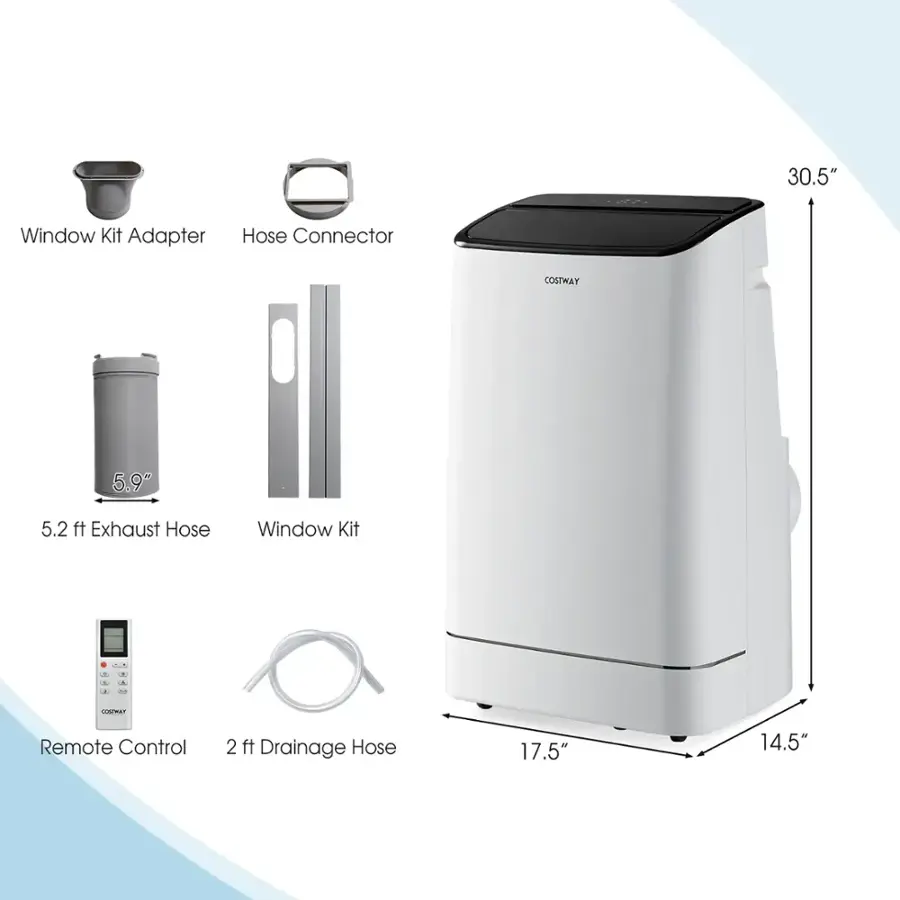 The image shows a white appliance with various parts and accessories, including a hose connector, window kit adapter, and remote control. The appliance is 30.5 inches tall and has a 5.9-inch exhaust hose. The window kit adapter is 5.2 feet long, and the 2-foot drainage hose is 17.5 inches long. The remote control is also included with the appliance.