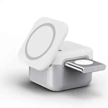 Front. RISOKEYS - 3-in-1 Fast Wireless Charger - Phone Holder Charging Stand, Detachable Magnetic Power Adapter for Apple Watch, Earphones - White.
