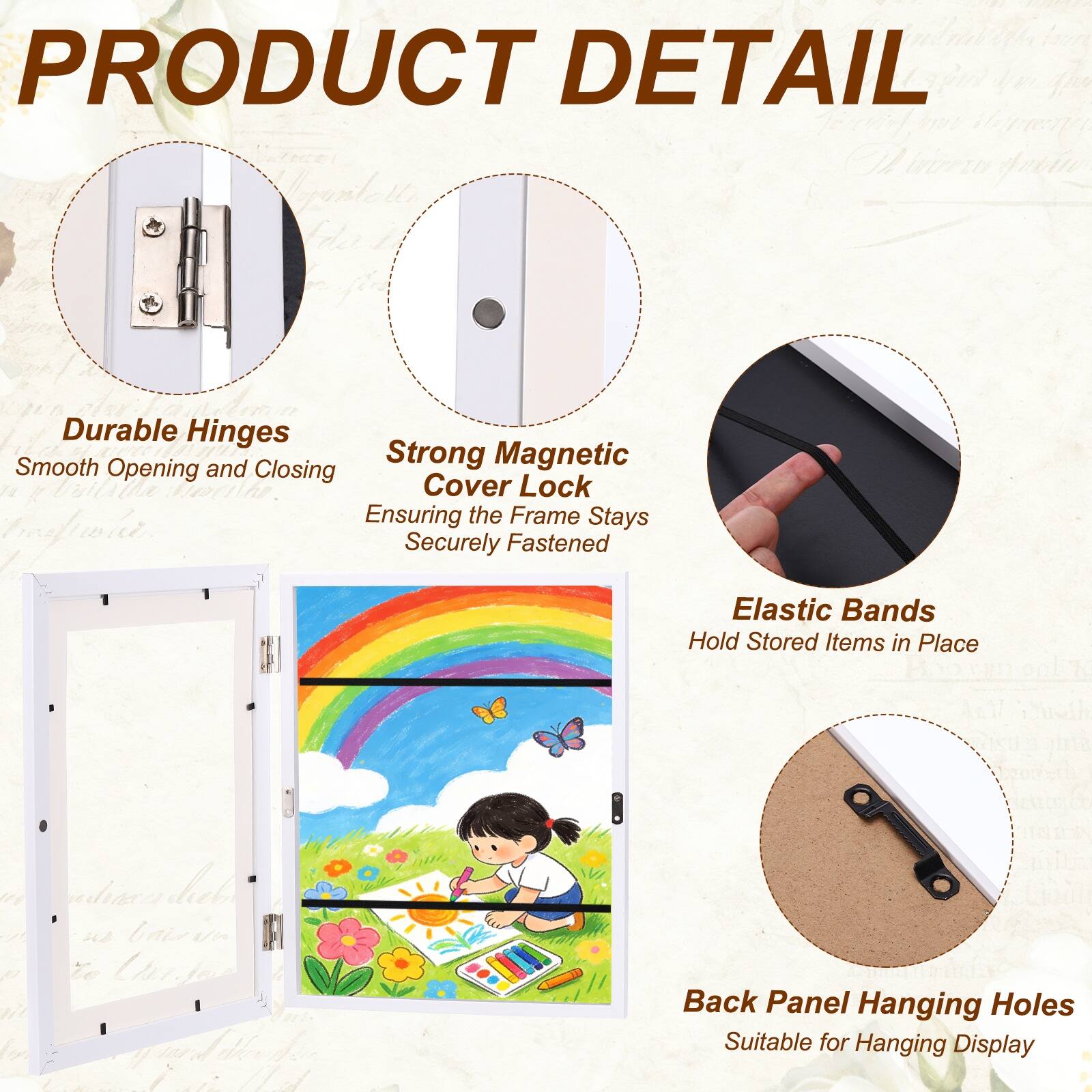 PRODUCT DETAIL

- Durable Hinges
  - Smooth Opening and Closing

- Strong Magnetic Cover Lock
  - Ensuring the Frame Stays Securely Fastened

- Elastic Bands
  - Hold Stored Items in Place

- Back Panel Hanging Holes
  - Suitable for Hanging Display