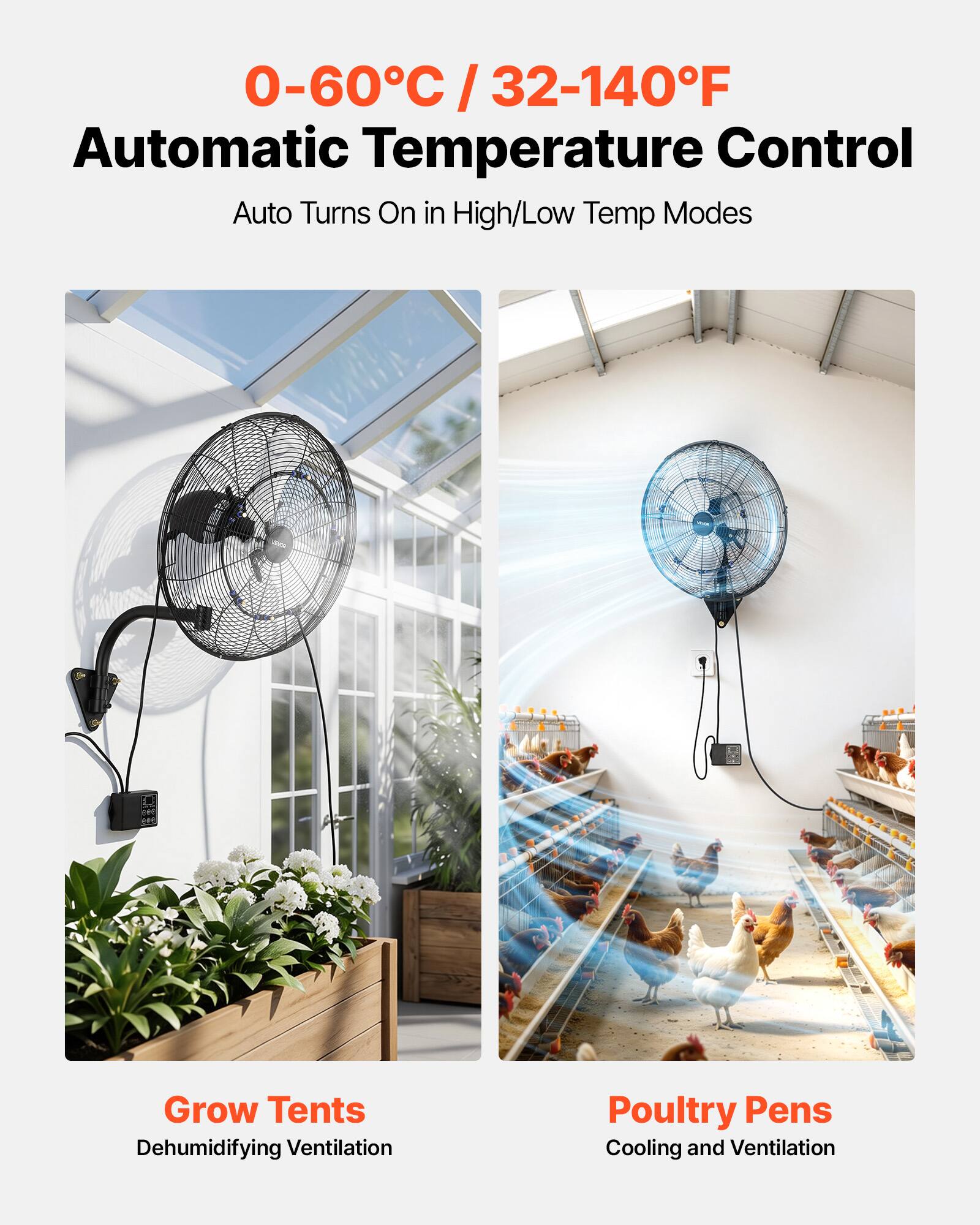 0-60°C / 32-140°F  
Automatic Temperature Control  
Auto Turns On in High/Low Temp Modes  

Grow Tents  
Dehumidifying Ventilation  

Poultry Pens  
Cooling and Ventilation