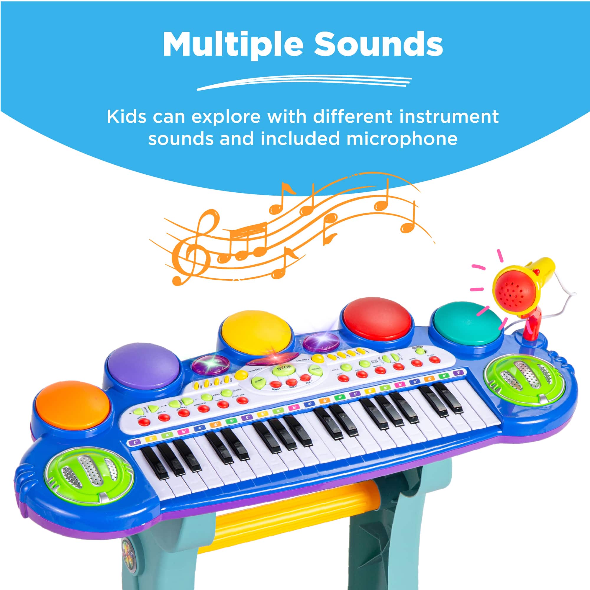 Multiple Sounds
Kids can explore with different instrument sounds and included microphone