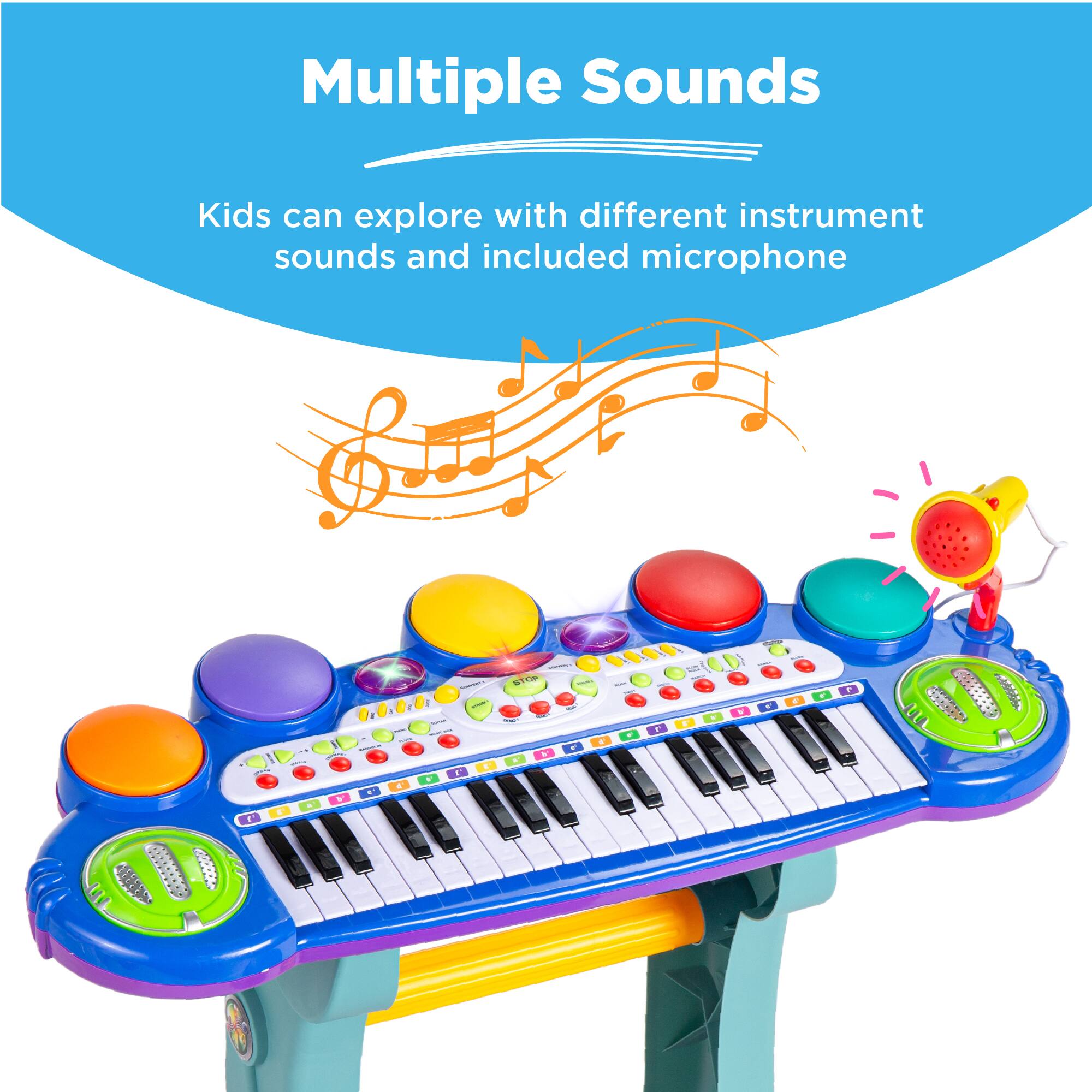 Multiple Sounds

Kids can explore with different instrument sounds and included microphone