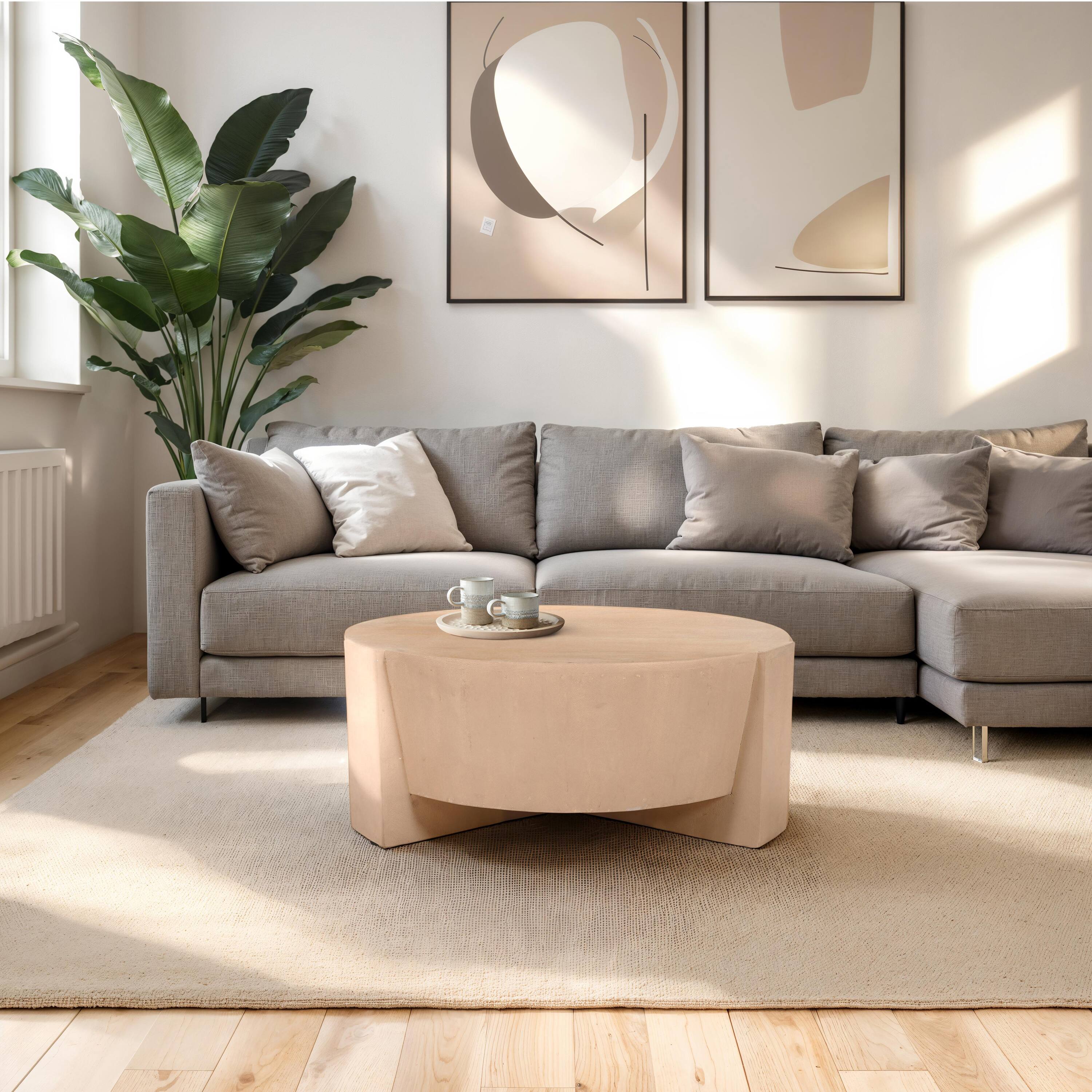 Alt View 8. Manhattan Lane - Joana Coffee Table, 35 Inch Round Drum Shape with 3 Legs, Sandblasted Mango Wood - Natural Brown.