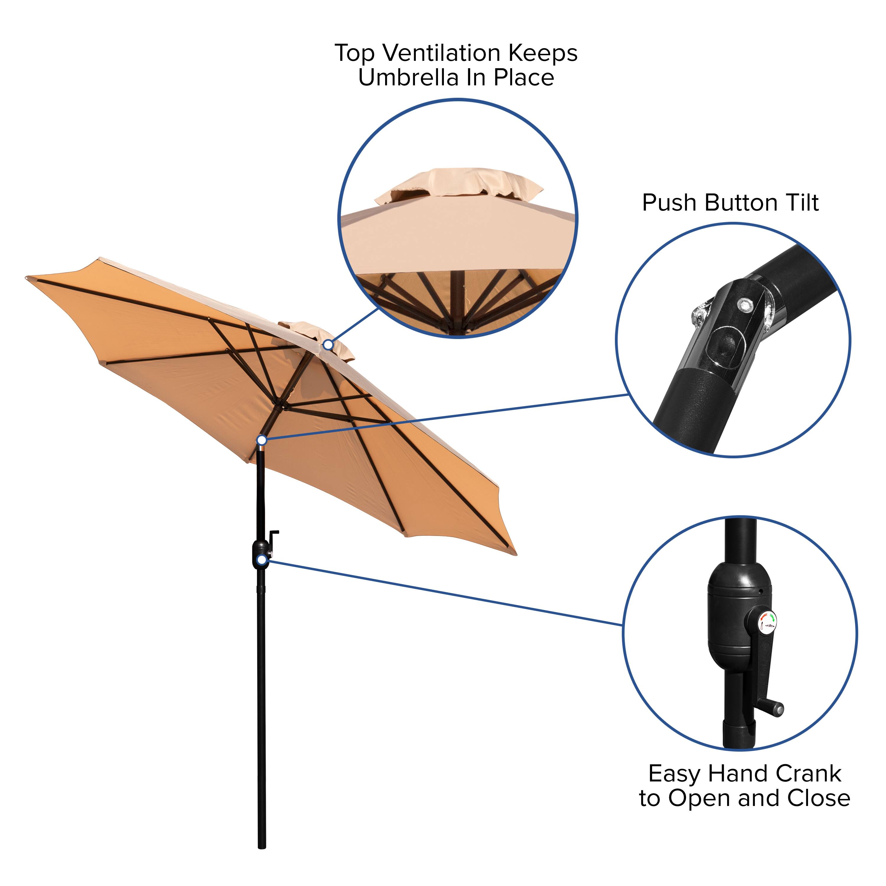 Top Ventilation Keeps Umbrella In Place  
Push Button Tilt  
Easy Hand Crank to Open and Close